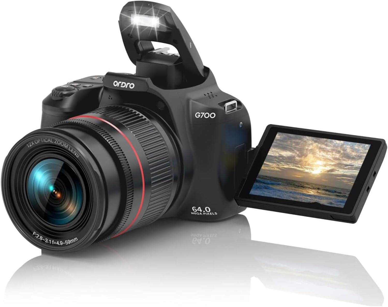 ORDRO G700 4K Digitalkamera - 64 MP CMOS Sensor mit 12 fach optischem Zoom - 3 Zoll Klappdisplay mit Autofokus und manuellem Fokus - Für Fotografie und Vlogging-Nestmyio