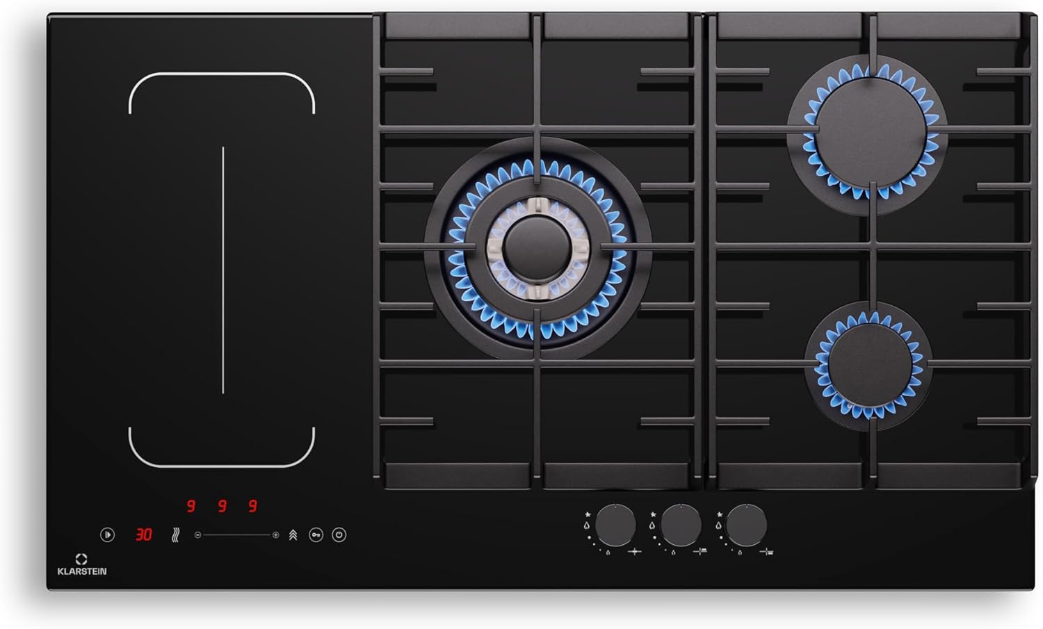 Klarstein MultiChef 5 Hybridkochfeld - 87,5 cm mit fünf Gas und Induktionszonen - Flexzone 10,6 kW Slider Stop and Go und Timer - Schwarz mit Gusseisen-Nestmyio