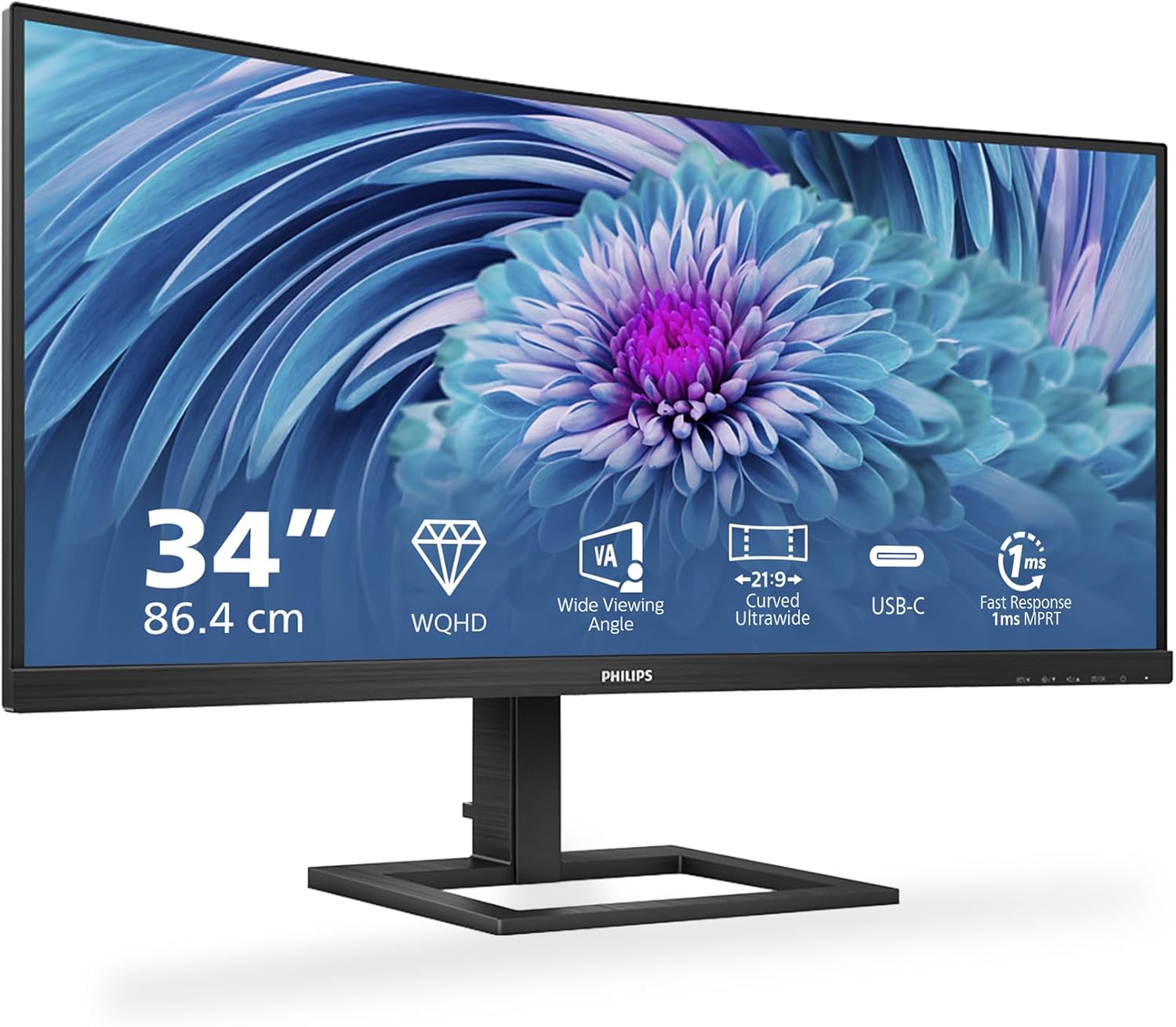 Philips 346E2CUAE Curved Monitor - 34 Zoll WQHD mit 3440 x 1440 und 100 Hz - USB C Docking mit HDMI DisplayPort - Schwarz für Büro und Multimedia-Nestmyio