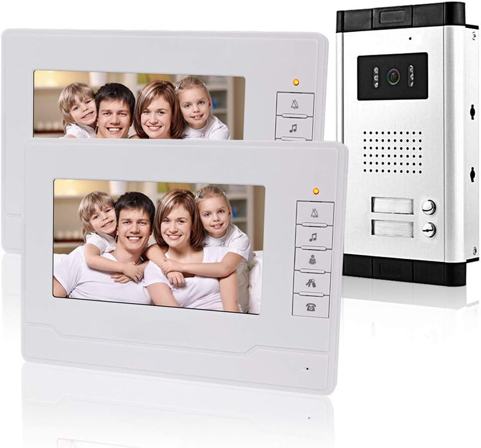 KDL Video Türsprechanlage - Zwei 7 Zoll Monitore und Außenkamera mit zwei Ruftasten - 700 TVL IR Nachtsicht und Zwei Wege Audio - Kabelgebunden für Mehrfamilienhaus-Nestmyio