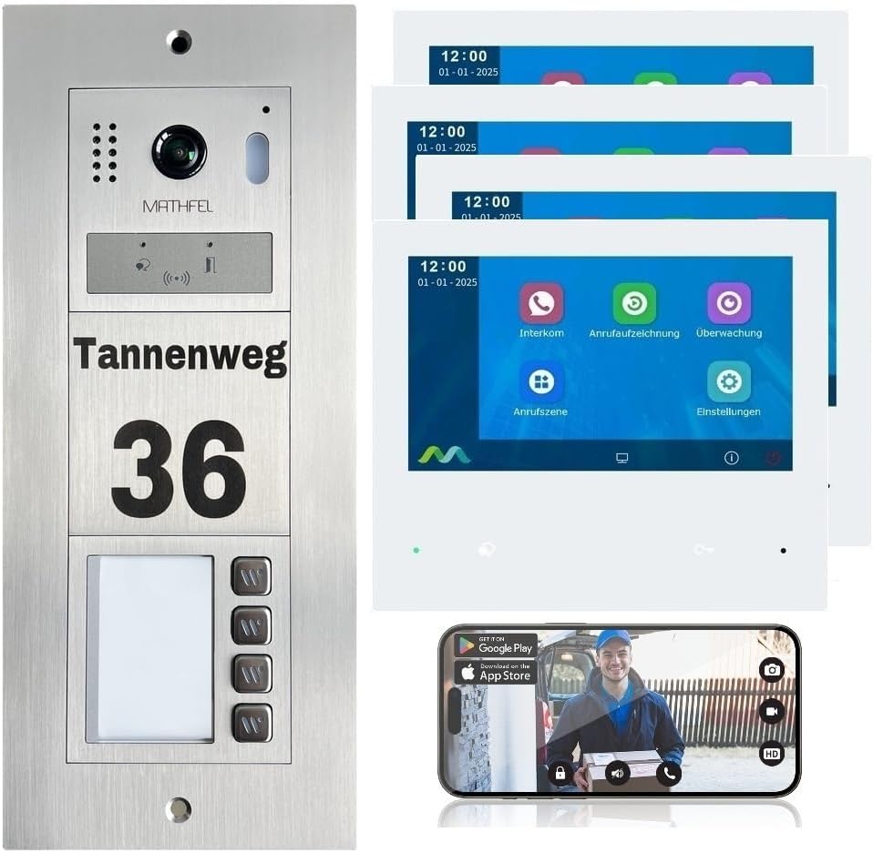 Mathfel MF 2K Video Türsprechanlage - 2 Draht Bus System für Vierfamilienhaus - Vier 7 Zoll Monitore und personalisierte Außenstation - WLAN Modell inklusive Gravur-Nestmyio