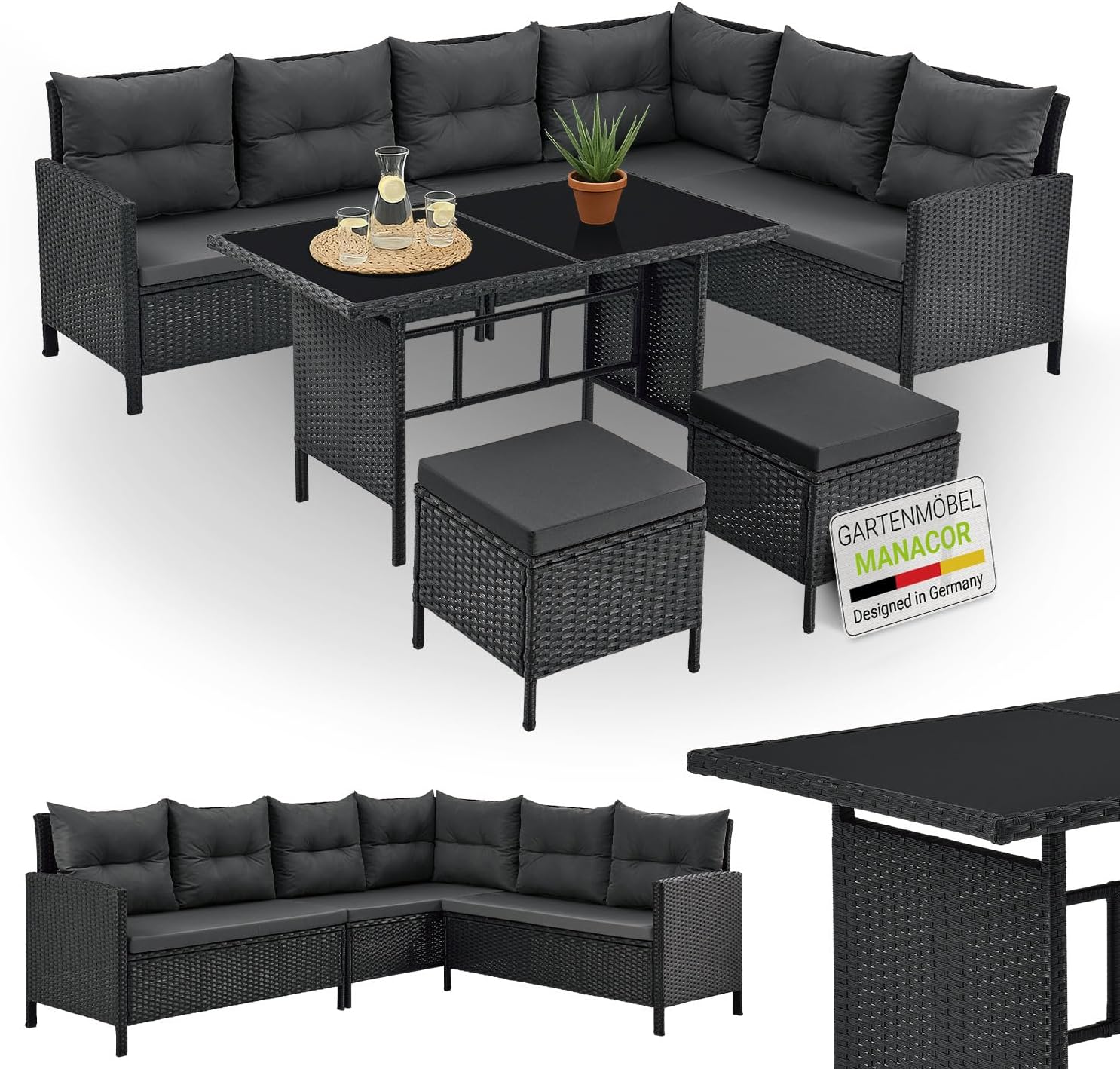 Juskys Polyrattan Lounge Manacor - Gartenmöbel Set für bis zu 7 Personen - Ecksofa Esstisch und 2 Hocker - Wetterfest mit waschbaren Bezügen Schwarz Grau-Nestmyio