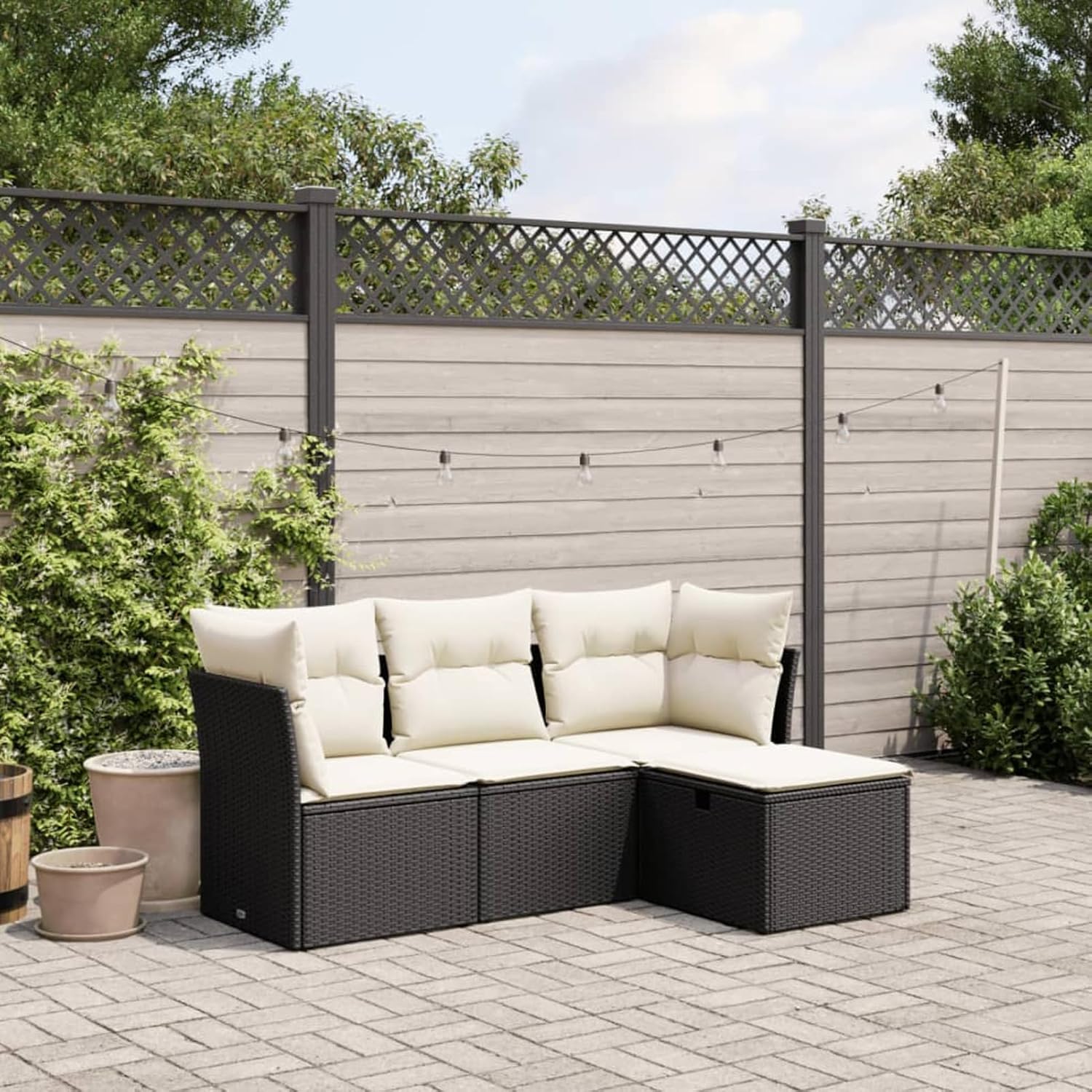 IKAYAA Rattan Gartenlounge Set - 4 teilige Ecklounge für 6 Personen - Sofagarnitur mit 55 cm Sitztiefe und Polyesterkissen - Schwarz Creme-Nestmyio