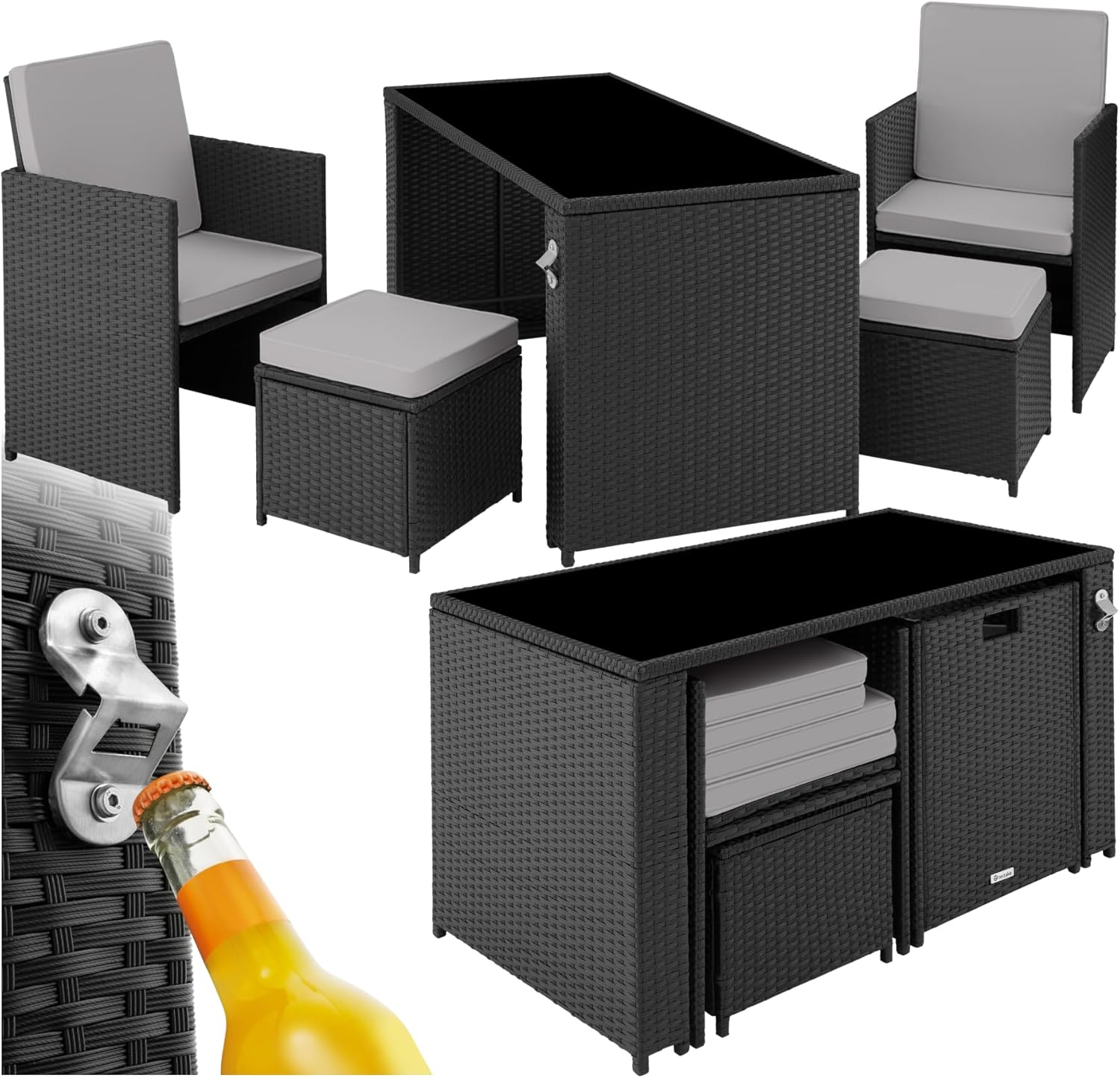 tectake Polyrattan Lounge Set - 5 Teile für bis zu 4 Personen - Tisch Sessel Hocker und Polster - Schwarz Grau für Garten Terrasse und Balkon-Nestmyio
