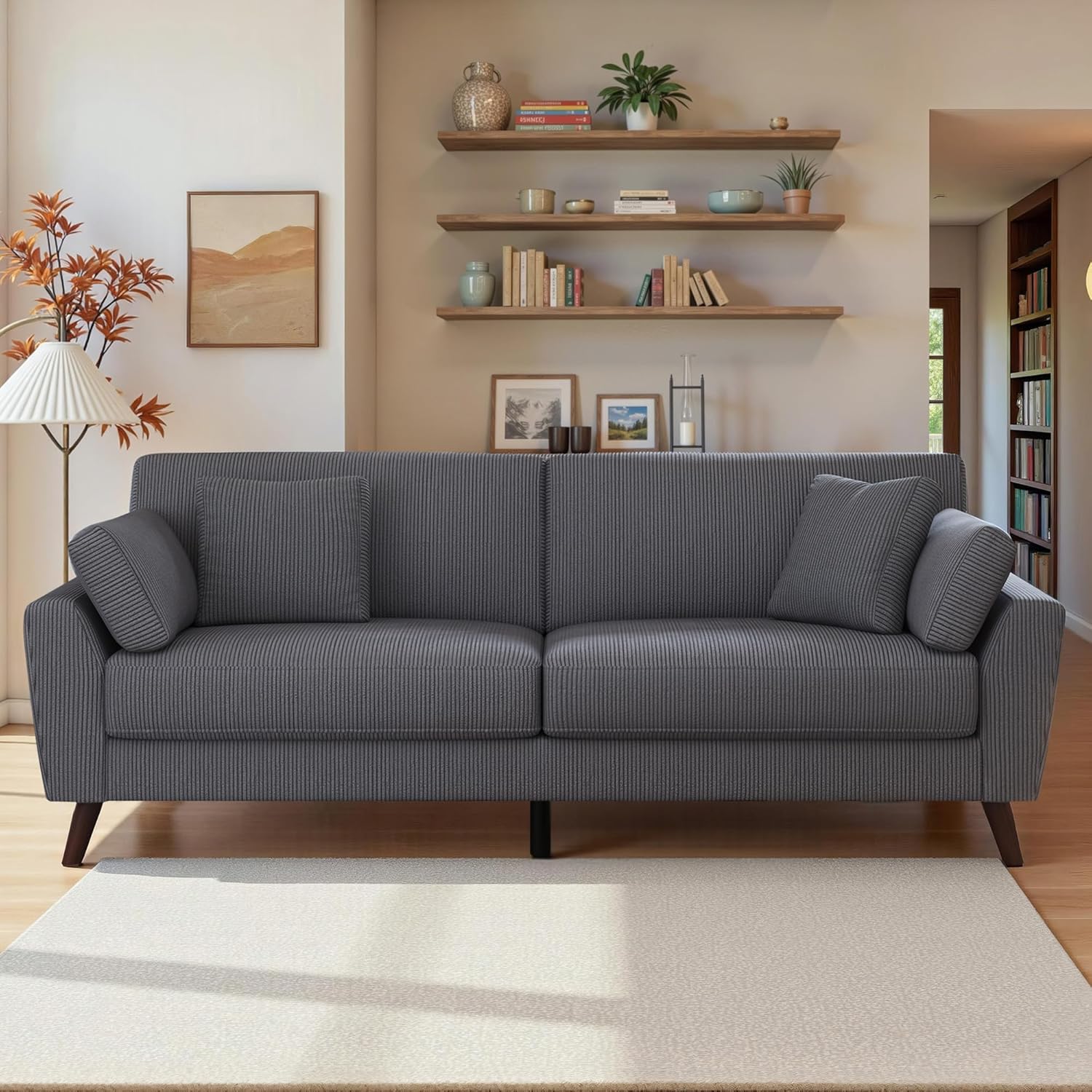 Dreisitzer Big Sofa aus Cord - Moderne Couch mit hohen Beinen und 220 cm Breite - Belastbar bis 450 kg bei Sitzhöhe 48 cm - Grau für Wohnzimmer oder Schlafzimmer-Nestmyio