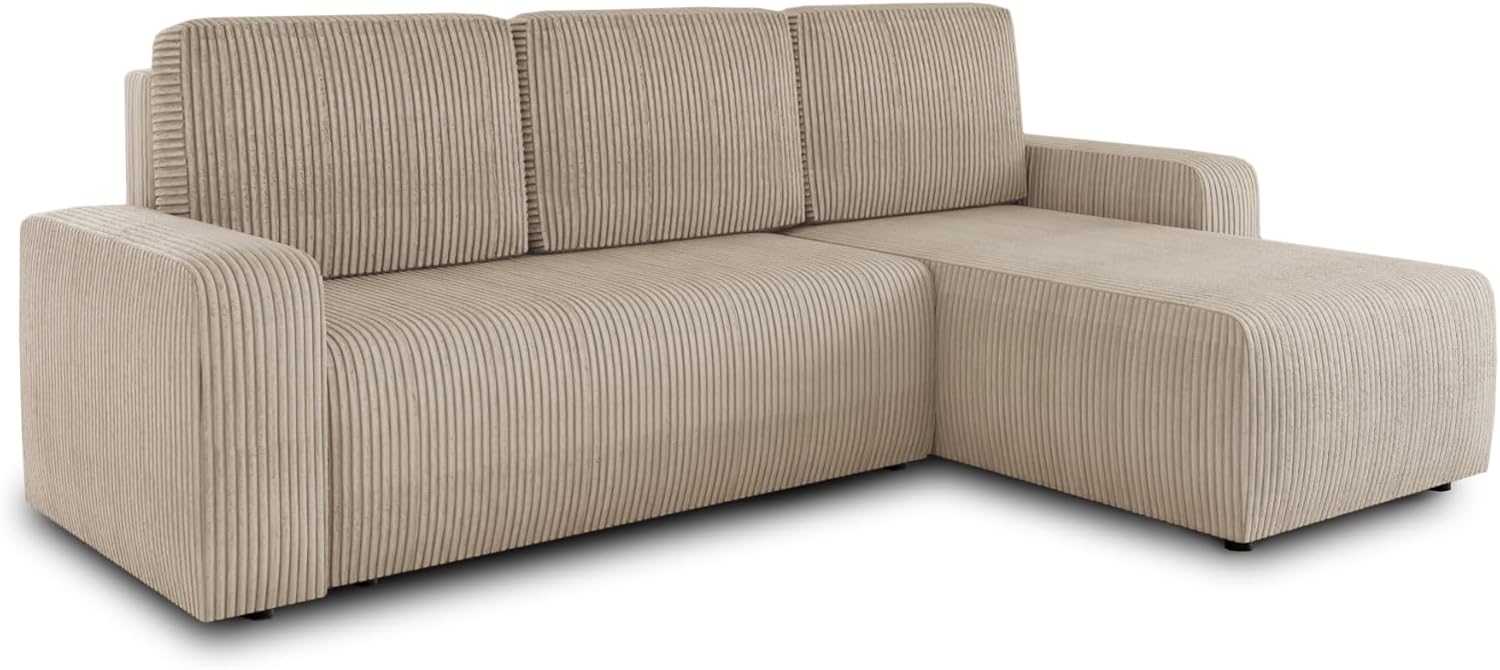 Sofnet Roma L Ecksofa - Schlafsofa für 5 Personen mit Bettkasten und universeller Ottomane - Cordstoff 236 x 150 x 90 cm - Beige Poso 100 für Wohnzimmer-Nestmyio