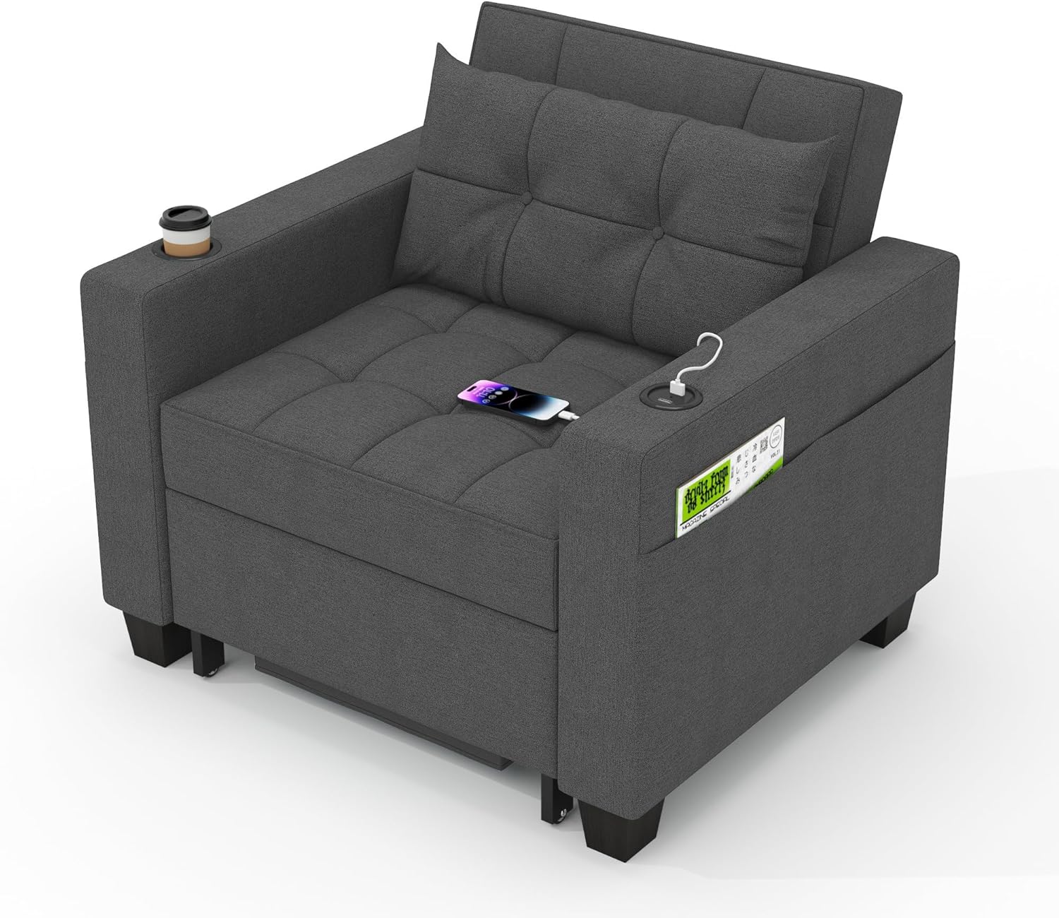 DURASPACE Schlafsessel 3 in 1 - Ausziehbarer Einzelsessel mit verstellbarer Rückenlehne - USB Anschlüsse und Seitentaschen bis 149,69 kg - Dunkelgrau für kleine Räume-Nestmyio