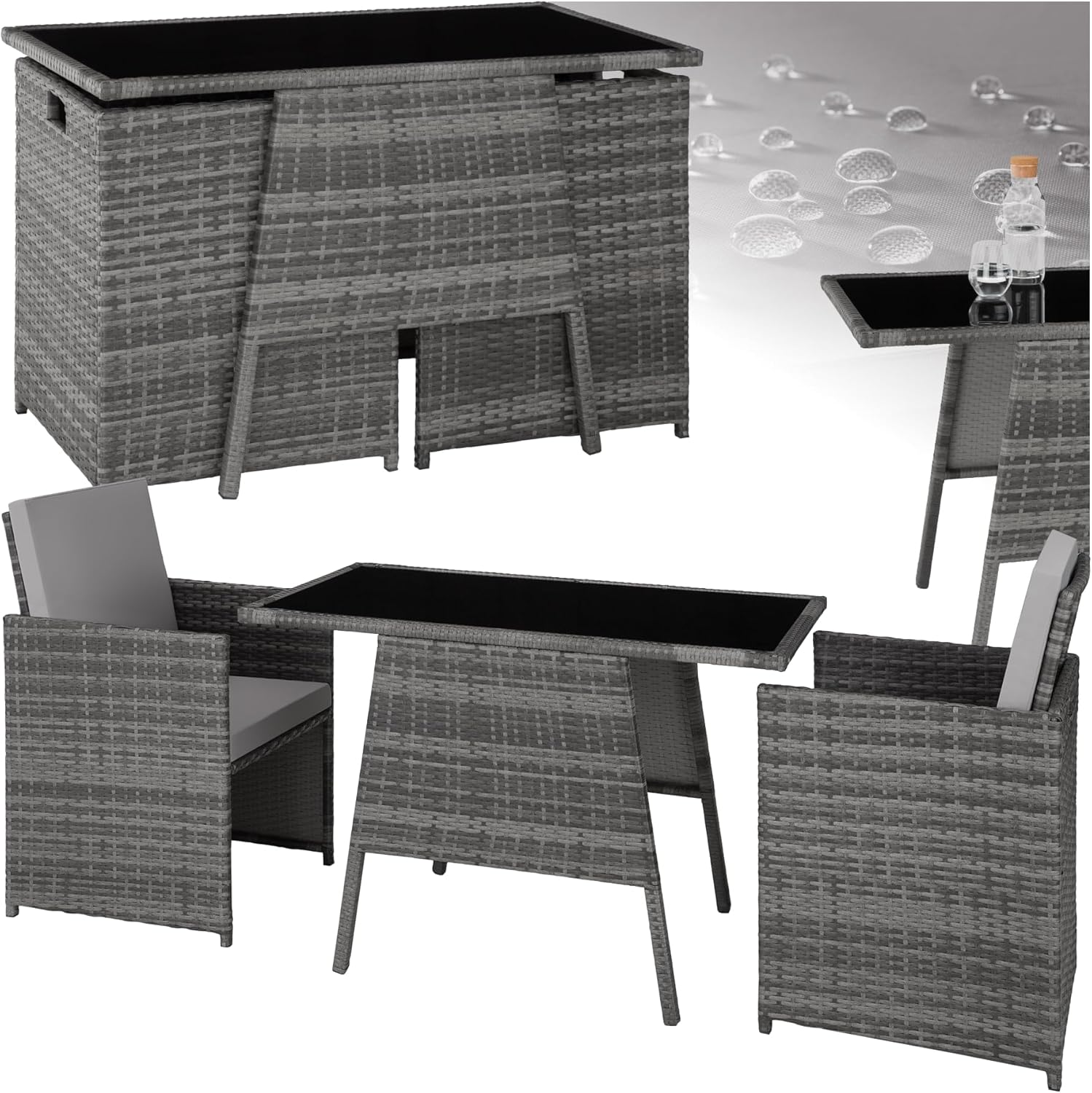 tectake Polyrattan Balkon Lounge Set - 3 teilig für 2 Personen mit 2 Sesseln und Tisch - Platzsparend zusammenschiebbar und wetterfest - Grau für Garten Terrasse Balkon-Nestmyio