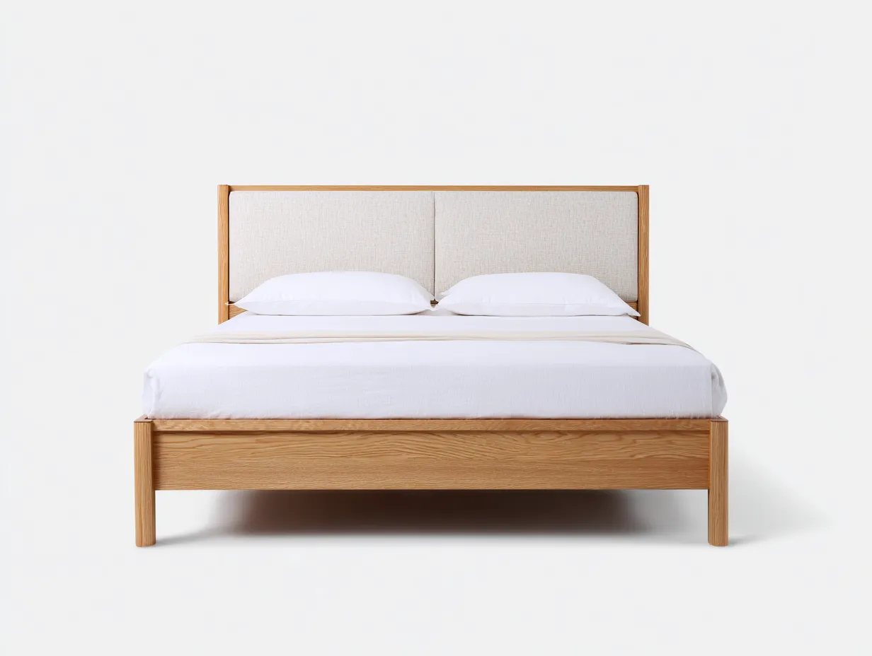 Doppelbett Holz Stoff 210x168x98 cm - Eiche Natur und beige - Schlafzimmerbett mit Stoffkopfteil-Nestmyio