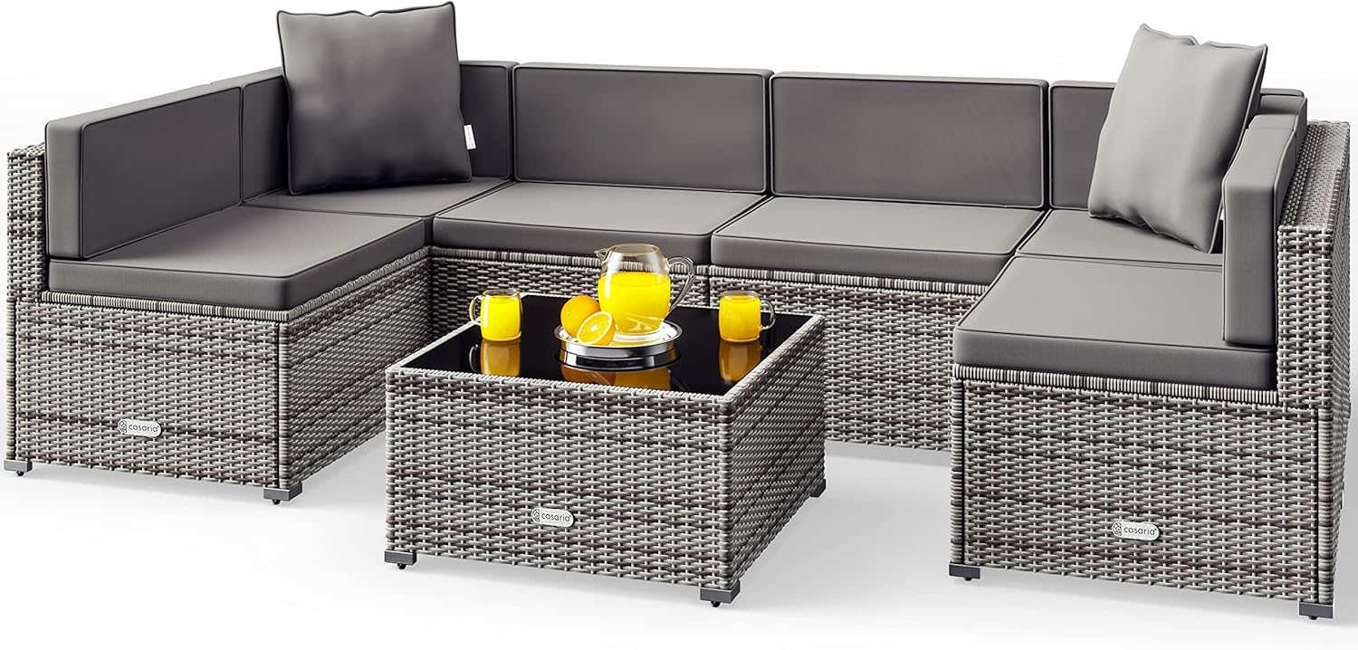 Casaria Polyrattan Gartenlounge - Sitzgruppe für 5 Personen mit Ecksofa und Tisch - Sicherheitsglas und Sitzkissen wetterfest - Grau Anthrazit für Garten Terrasse Balkon-Nestmyio
