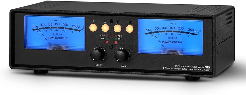 Analoges VU Meter für Stereo Audio - Schallpegelanzeige mit Cinch Eingang und blauer Beleuchtung - Splitter Schalterbox für Heimstudio und Büro - USB Betrieb mit Fernbedienung-Nestmyio