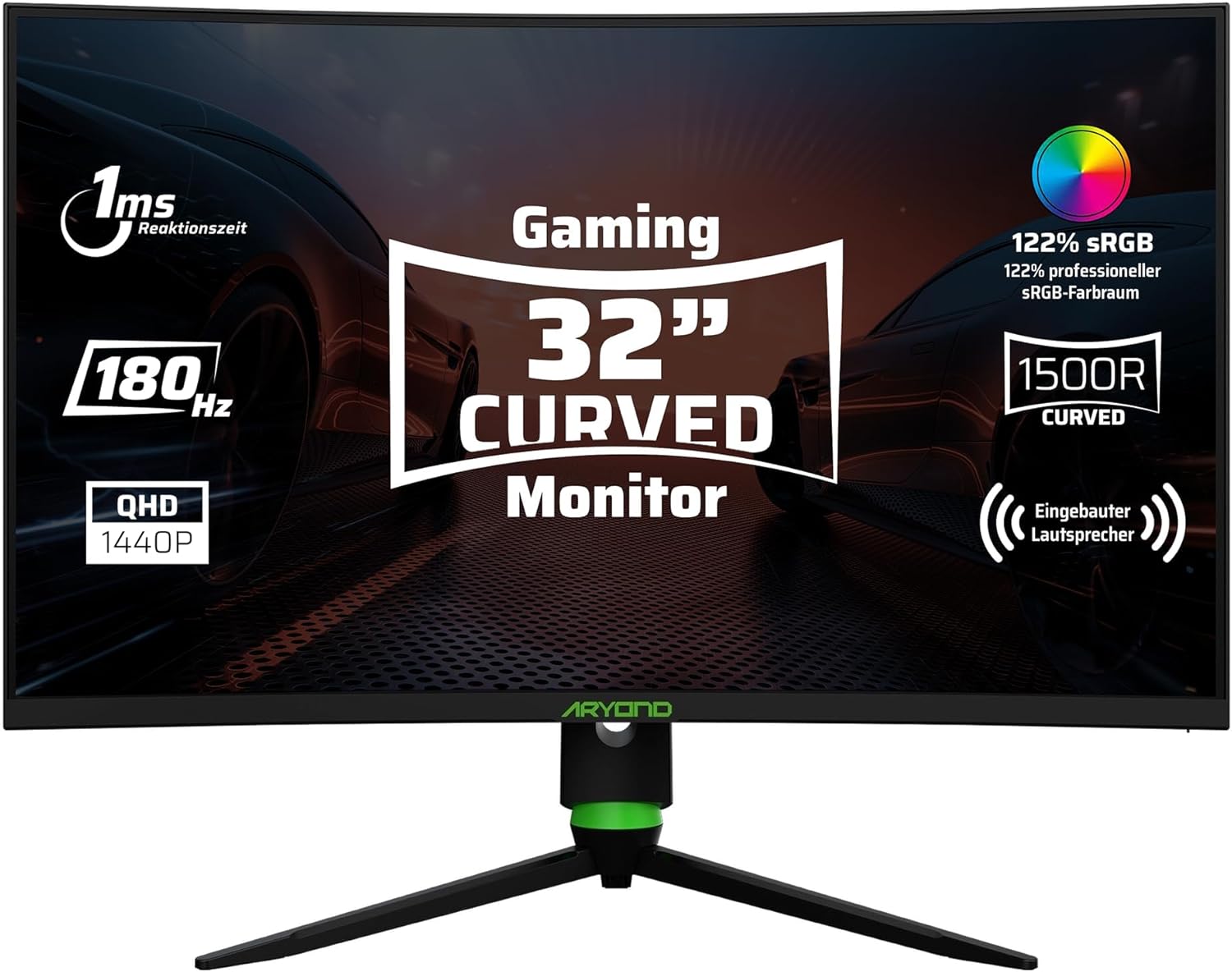 A32 V2 Curved Gaming Monitor - 32 Zoll QHD Display mit 2560 x 1440 und 1500R - 180 Hz 1 ms HDR FreeSync G Sync - Höhenverstellbar mit Lautsprecher HDMI DisplayPort-Nestmyio