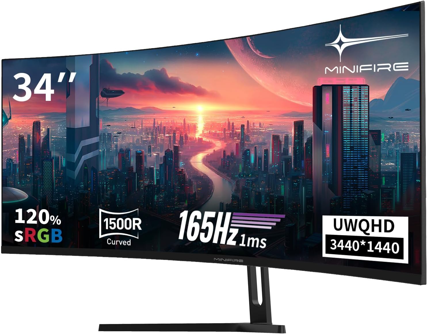 Minifire MFG34C5Q Curved Gaming Monitor - 34 Zoll UWQHD mit 3440 x 1440 und 1500R - 165 Hz 1 ms HDR PIP PBP - VA Panel mit HDMI 2.1 und DisplayPort 1.4-Nestmyio