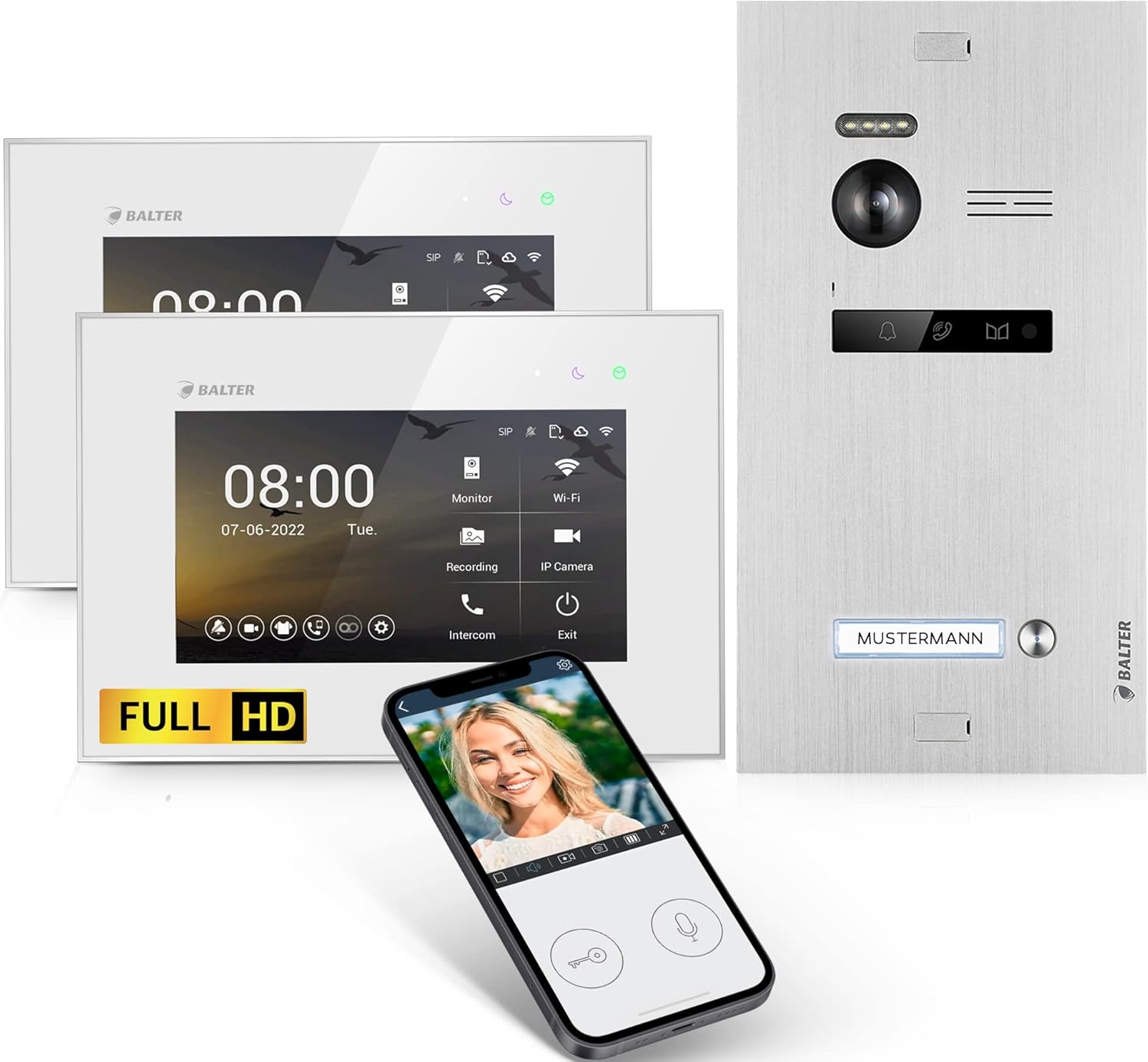 Balter EVO HD Video Türsprechanlage - Full HD Kamera mit 175 Grad Weitwinkel und Nachtsicht - Zwei 7 Zoll HD Monitore mit App - 2 Draht Bus für Einfamilienhaus-Nestmyio