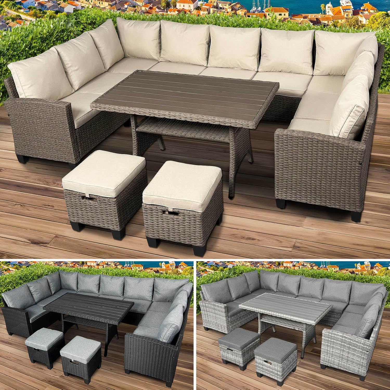 BRAST Family Gartenmöbel Set - Moderne Lounge und Essgruppe für bis zu elf Personen - Besonders dicke Kissen und TÜV geprüfte Ausführung - Braun Cappuccino für den Außenbereich-Nestmyio
