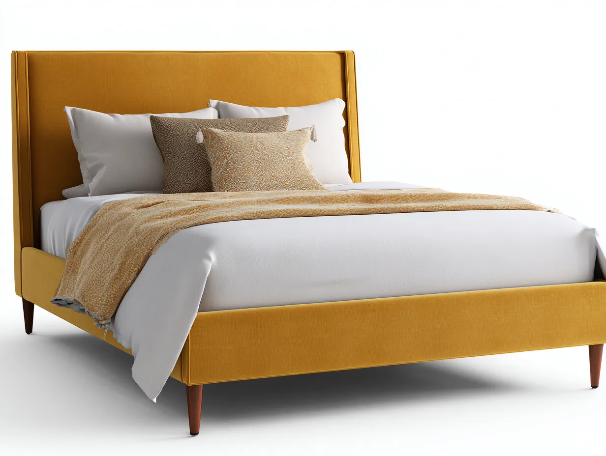 Doppelbett Stoff 212x170x108 cm - Senfgelb und Dunkelholz - Polsterbett für Schlafzimmer mit hohem Kopfteil-Nestmyio