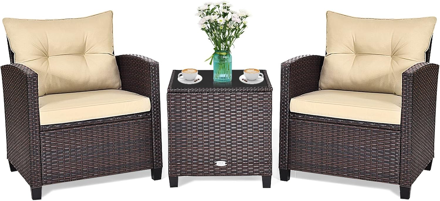 GIANTEX Rattan Gartenmöbel Set - 3 Teile für 2 Personen - 2 Sessel mit Sitzkissen Rückenkissen und Tisch - Beige für kleinen Balkon Garten und Terrasse-Nestmyio