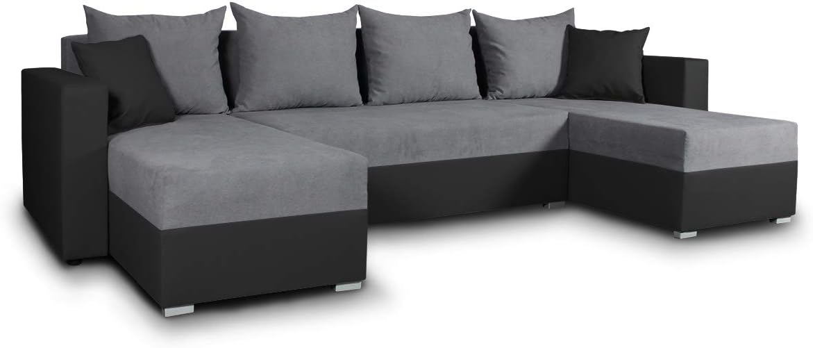 Sofnet Beno Wohnlandschaft mit Schlaffunktion - U Form Schlafcouch für 7 Personen - 298 x 142 x 80 cm mit Bettfunktion - Schwarz Dunkelgrau für Wohnzimmer-Nestmyio