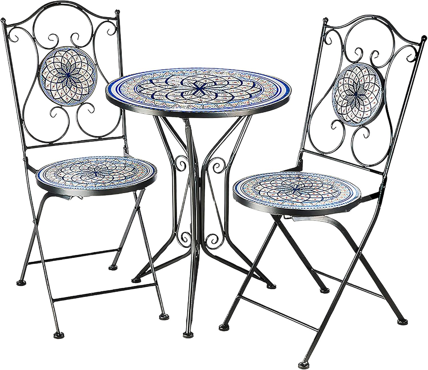 Kobolo Gartenmöbel Sitzgruppe in Mosaikoptik - Metalltisch und zwei Gartenstühle - Blau und Weiß im modernen Design - Dreiteiliges Set für Balkon Terrasse und Garten-Nestmyio