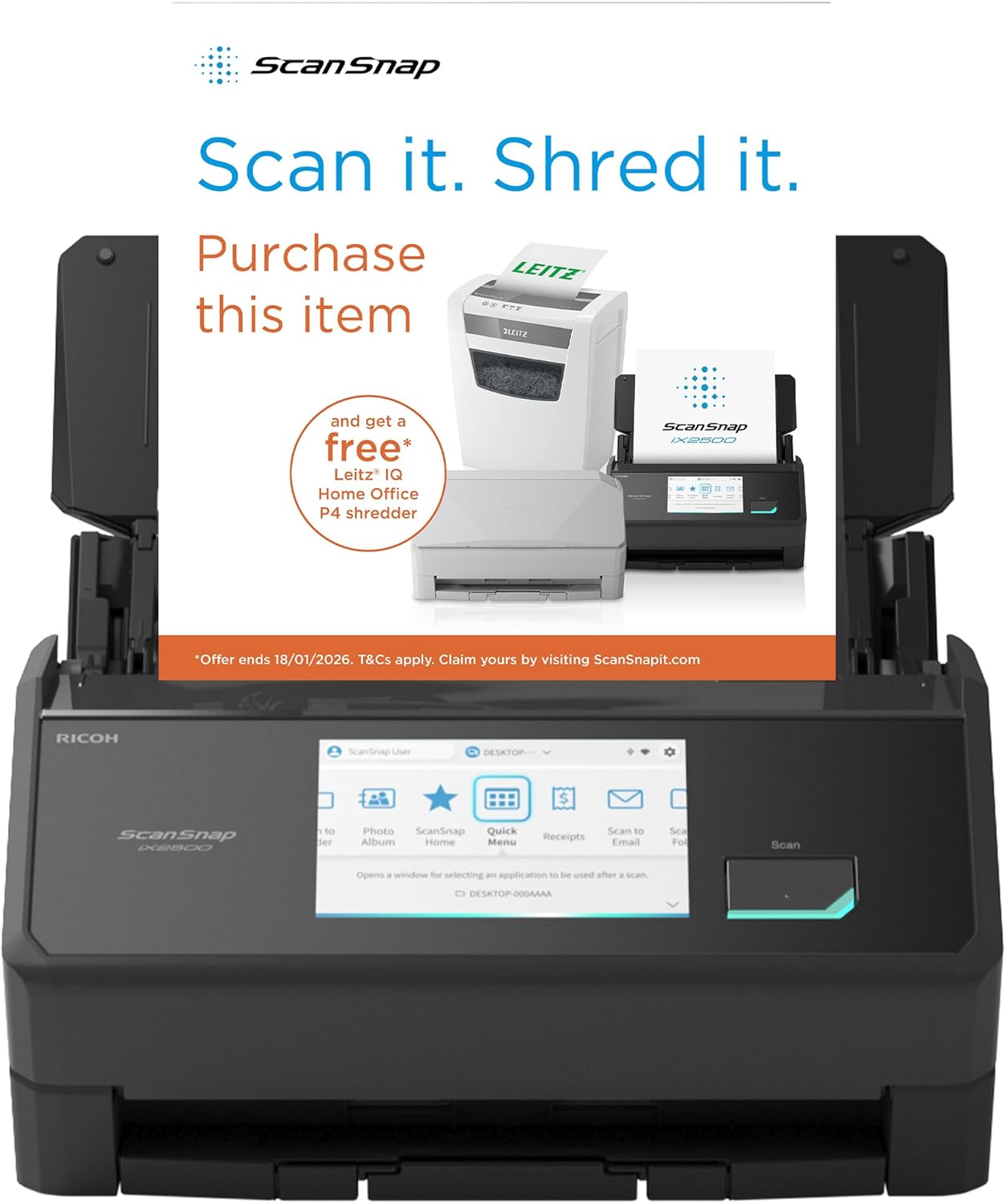 ScanSnap iX2500 Dokumentenscanner - Duplex Scan bis 45 Seiten pro Minute und 600 dpi - 100 Blatt ADF und 5 Zoll Touchscreen - Schwarz mit WLAN Bluetooth USB für A4-Nestmyio