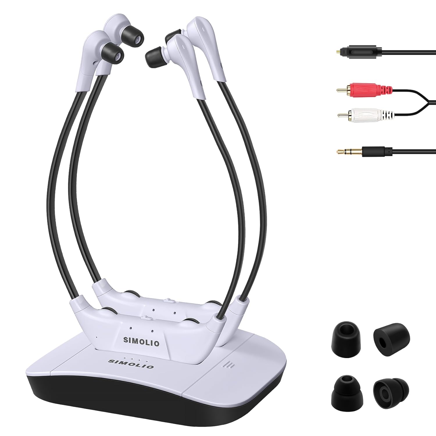 SIMOLIO SM 824D2 TV Hörsystem - Zwei kabellose Kinnkopfhörer mit Ersatzakku - Optisch RCA AUX und 2,4 GHz Funk - Weiß für Fernseher und Musikanlagen-Nestmyio