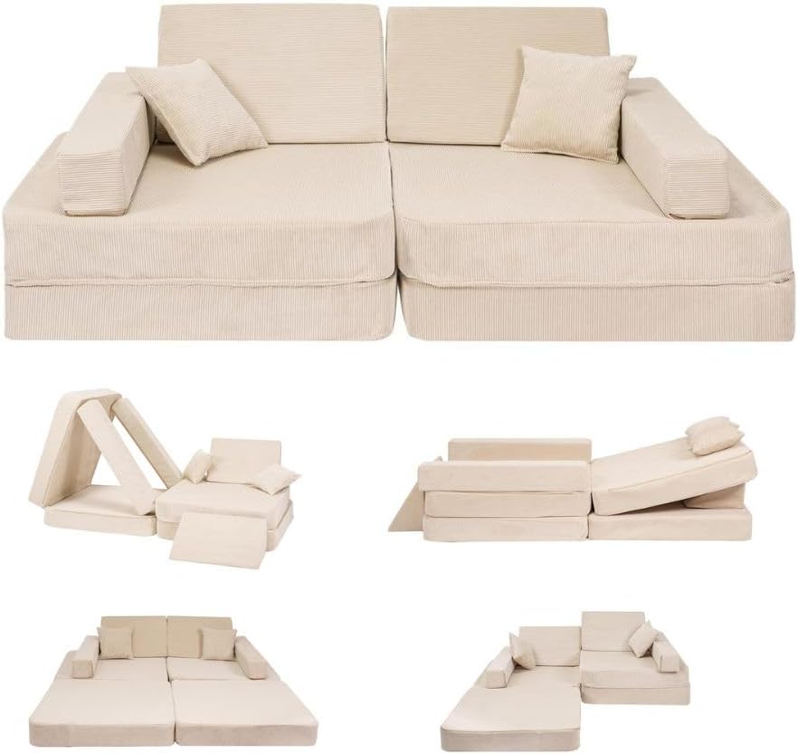 Angelove Kindersofa aus Kordsamt - Umwandelbare Couch für 2 Kinder - 160 x 80 x 24 cm mit niedriger Sitzhöhe - Blau für Kinderzimmer-Nestmyio