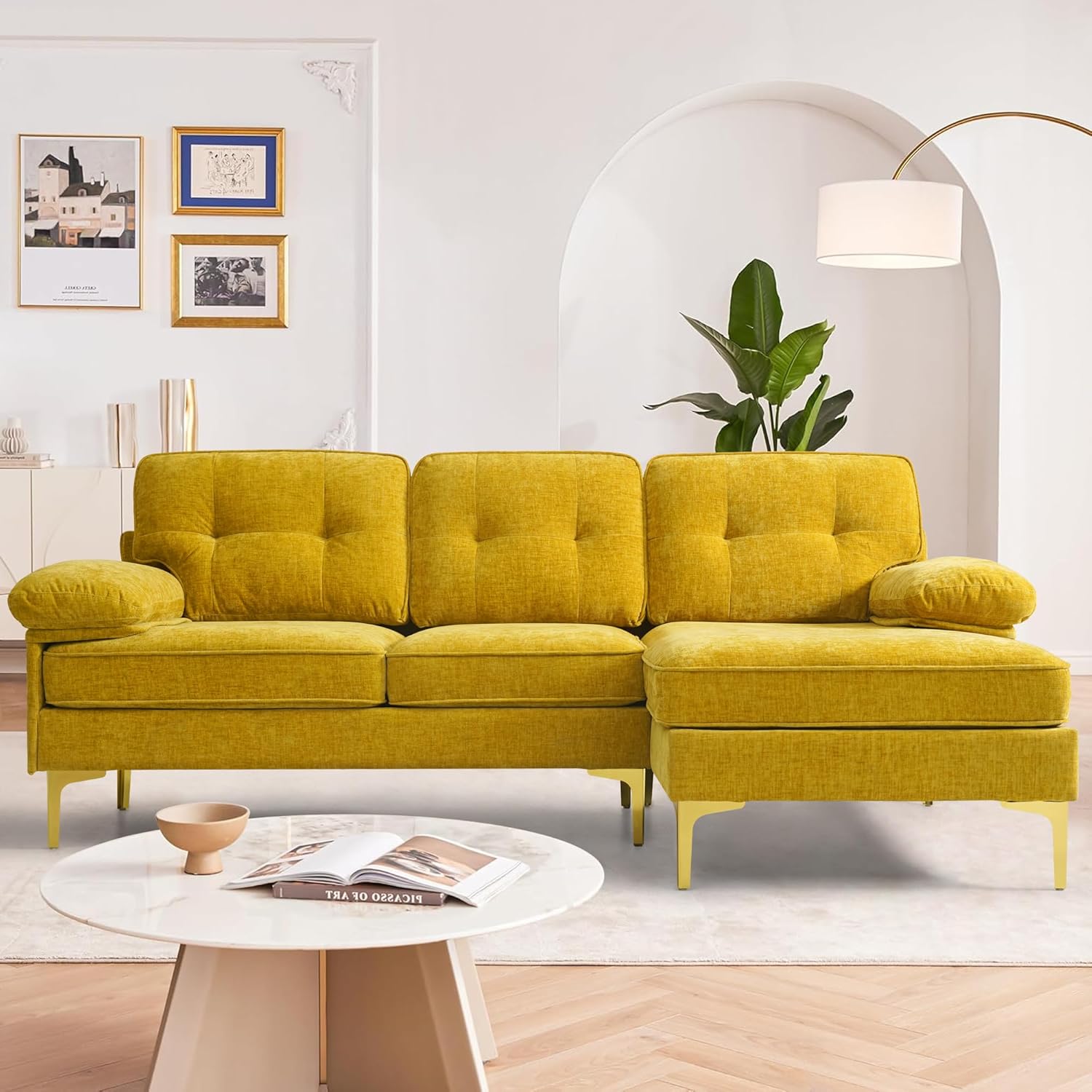 Ecksofa mit Federkern - 3 Sitzer L Form Couch mit beidseitig montierbarer Chaiselongue - Abnehmbare waschbare Kissen 210 cm breit - Gelb für Wohnzimmer-Nestmyio