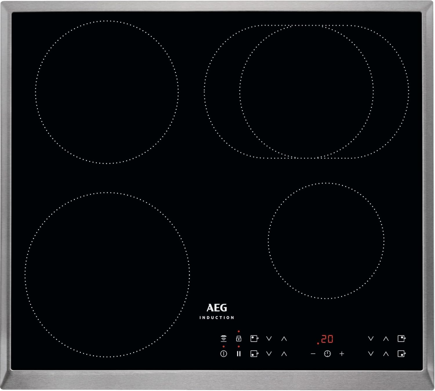 AEG IKS6431AXB Induktionskochfeld - 57,6 x 51,6 cm mit vier Kochzonen und 7350 Watt - Powerfunktion 14 Stufen Timer und Touch Bedienung - Schwarz mit Edelstahlrahmen-Nestmyio