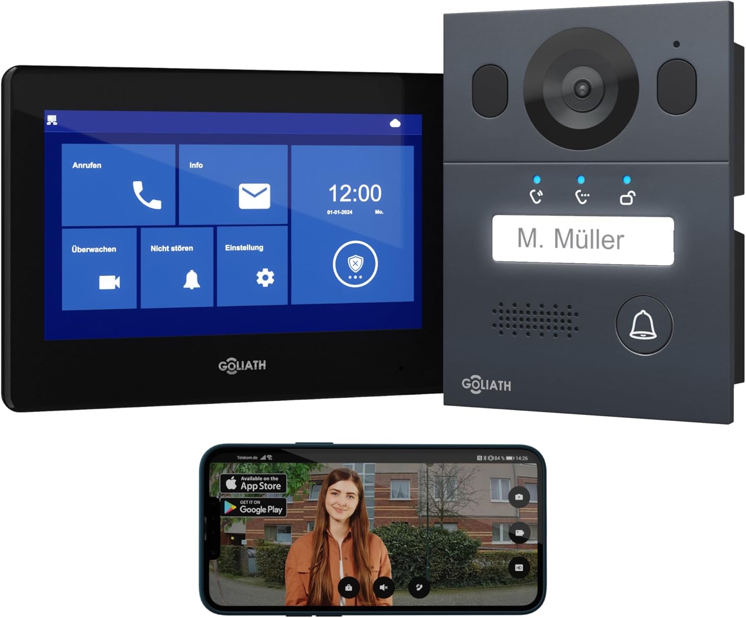 GOLIATH Basic Video Türsprechanlage - 2 Draht Bus mit 7 Zoll Monitor und Aufputz Kamera - Türöffner Klingel und Smartphone App - Plug and Play Set für Einfamilienhaus-Nestmyio