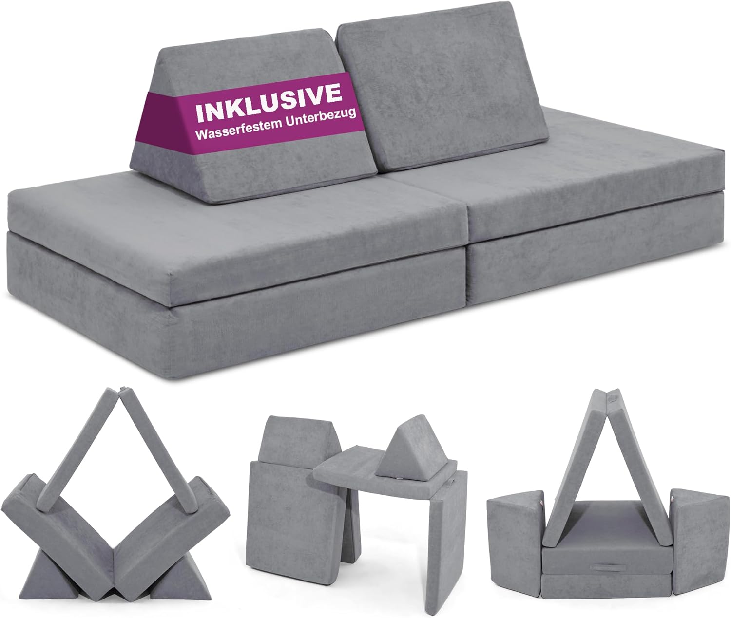 Linodino Spielsofa für Kinder - Kuschelsofa aus Schaumstoff Softbausteinen und Chenille - 4 Sitzplätze 150 x 66 x 52,5 cm - Delfingrau für Kinderzimmer-Nestmyio