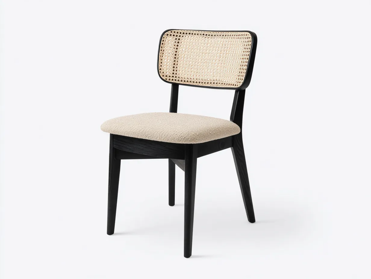 Esszimmerstuhl mit gepolsterter Sitzfläche und rechteckiger Geflechtlehne 49 x 54 x 82 cm - Schwarz und Beige - kompakter Dining Chair für moderne Essplätze-Nestmyio