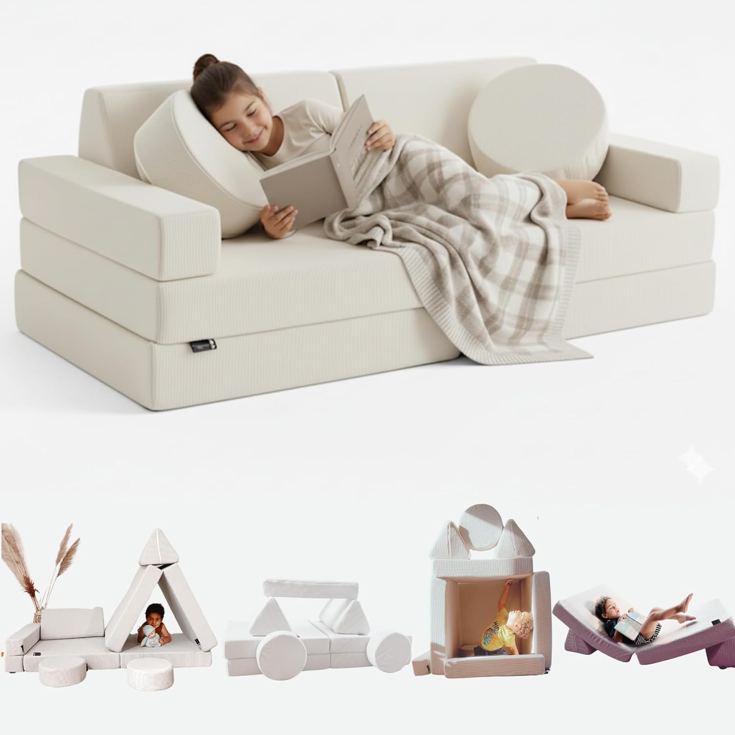 Ausklappbares Kindersofa - 2 Sitzer als Schlafsofa Spielplatz und Bodenmatratze - 140 x 70 x 50 cm ohne Montage - Cremeweiß für Kinderzimmer-Nestmyio