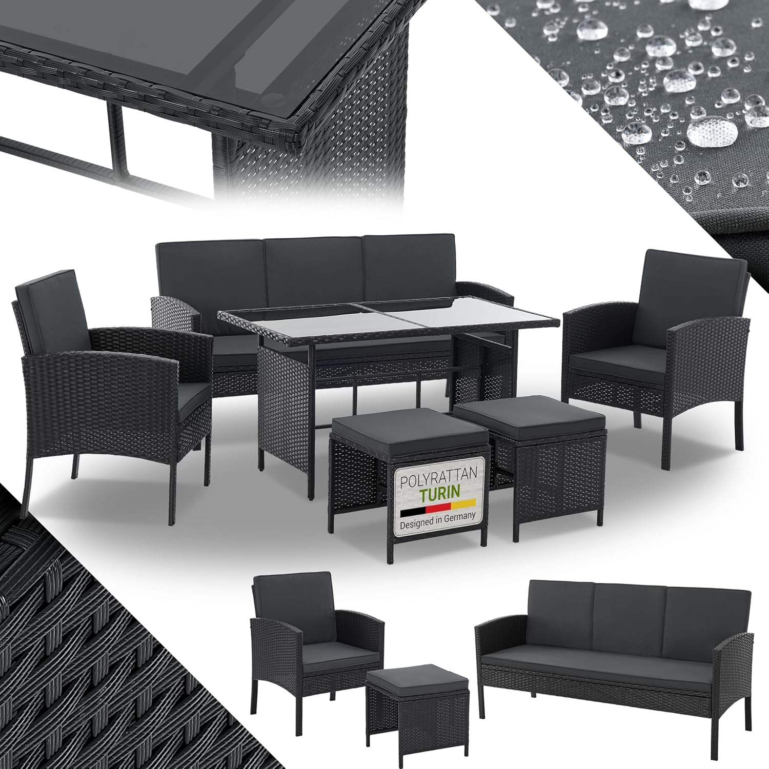 Juskys Polyrattan Gartenmöbel Turin - 6 teiliges Set für 7 Personen - Sessel Hocker Tisch und Kissen - Schwarze Loungemöbel für Garten Terrasse Balkon-Nestmyio