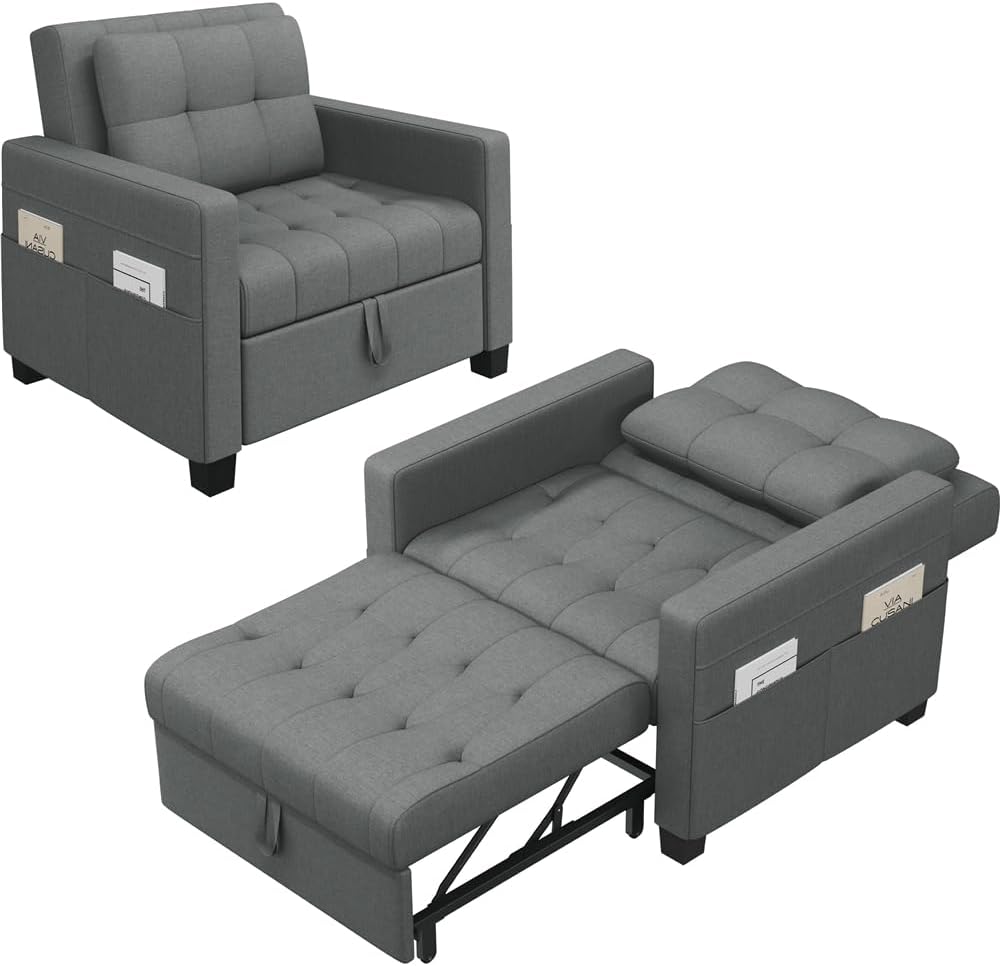 Yaheetech Schlafsessel 3 in 1 - Ausziehbarer Einzelsessel mit Bettfunktion und Seitentasche - Liegefläche 190 x 71,5 cm bis 136 kg - Hellgrau für kleine Räume-Nestmyio
