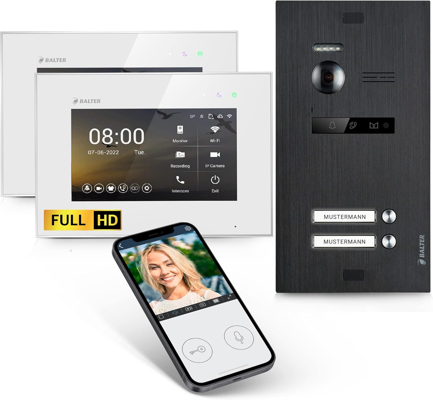 Balter EVO HD Video Türsprechanlage - Set für Zweifamilienhaus mit zwei 7 Zoll HD Monitoren - Full HD Kamera und 175 Grad Weitwinkel - Smartphone App und 2 Draht Bus-Nestmyio