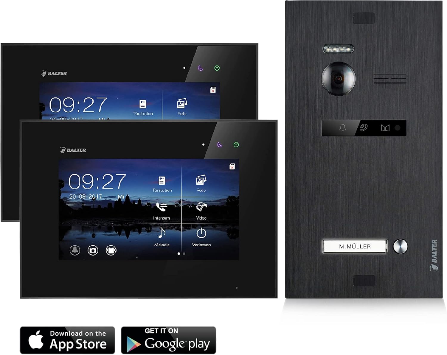 Balter EVO Video Türsprechanlage - 150 Grad Weitwinkelkamera und Touchscreen - Zwei 7 Zoll Monitore mit Smartphone App - 2 Draht Bus für Einfamilienhaus-Nestmyio