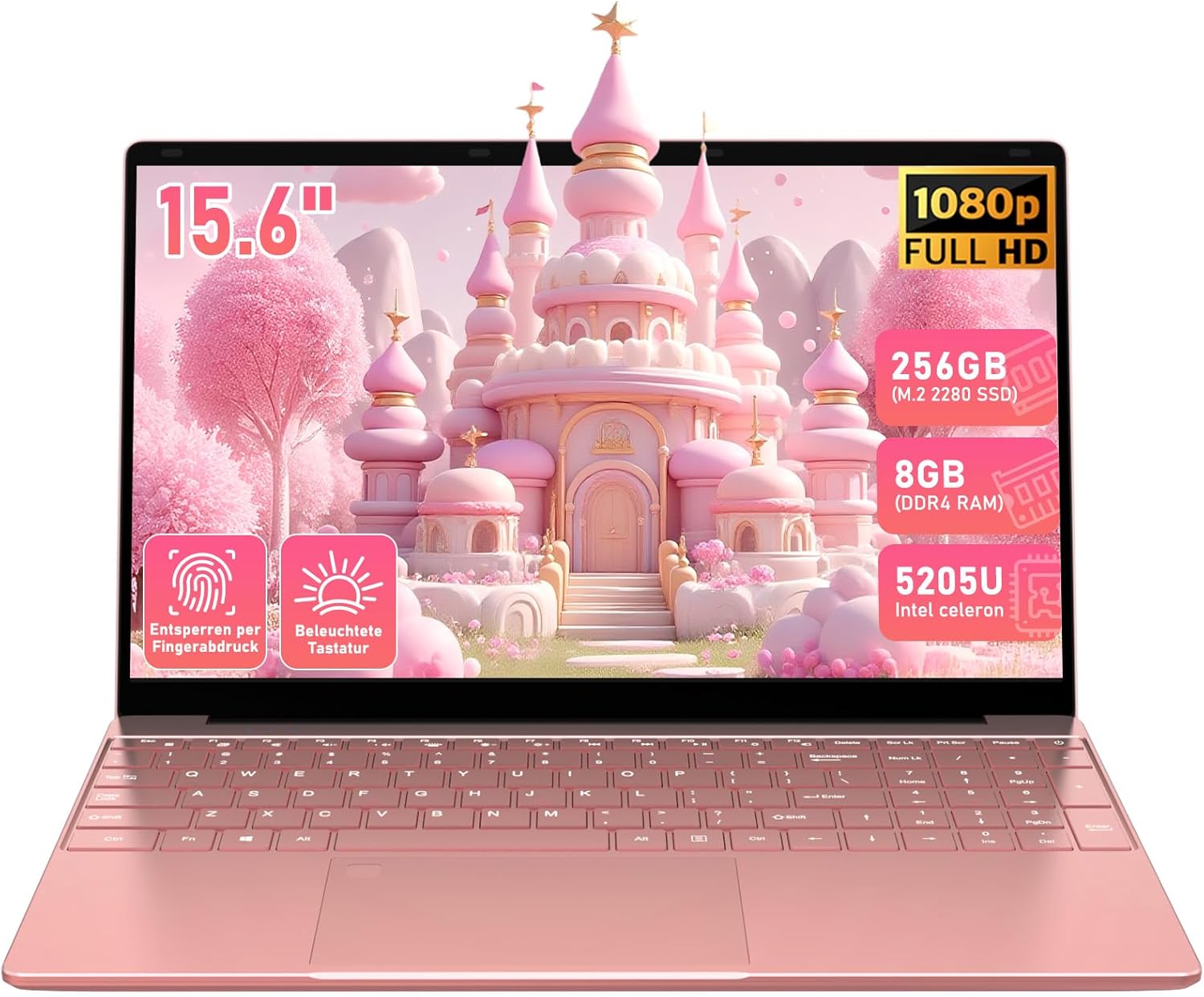 15,6 Zoll Laptop mit FHD IPS Display - Intel Celeron 5205U und integrierte Grafik - 8 GB RAM und 256 GB PCIe SSD - Fingerabdruck beleuchtete Tastatur Rosegold-Nestmyio