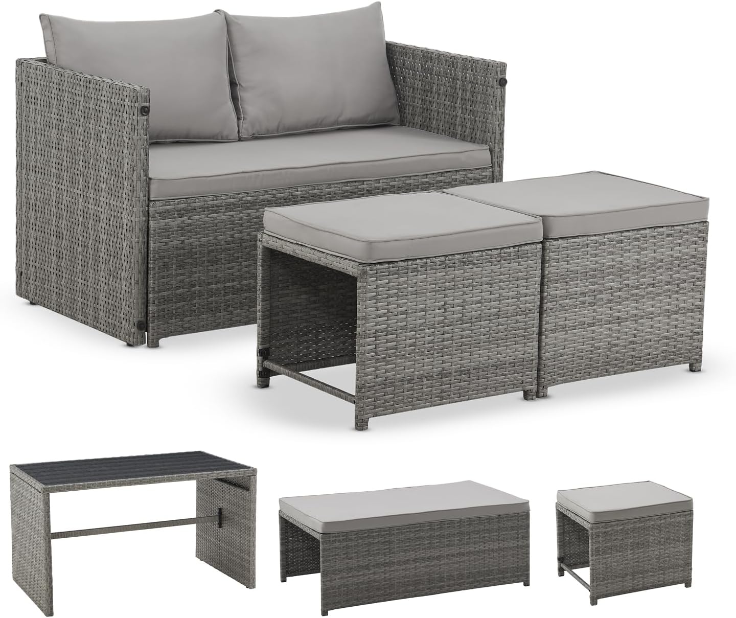 Juskys Jamaika 2 in 1 Polyrattan Gartenmöbel Set - Vier Teile mit Tisch und Gartenlounge Sofa - Sitzgruppe für Balkon Garten und Terrasse - Grau meliert im modernen Stil-Nestmyio
