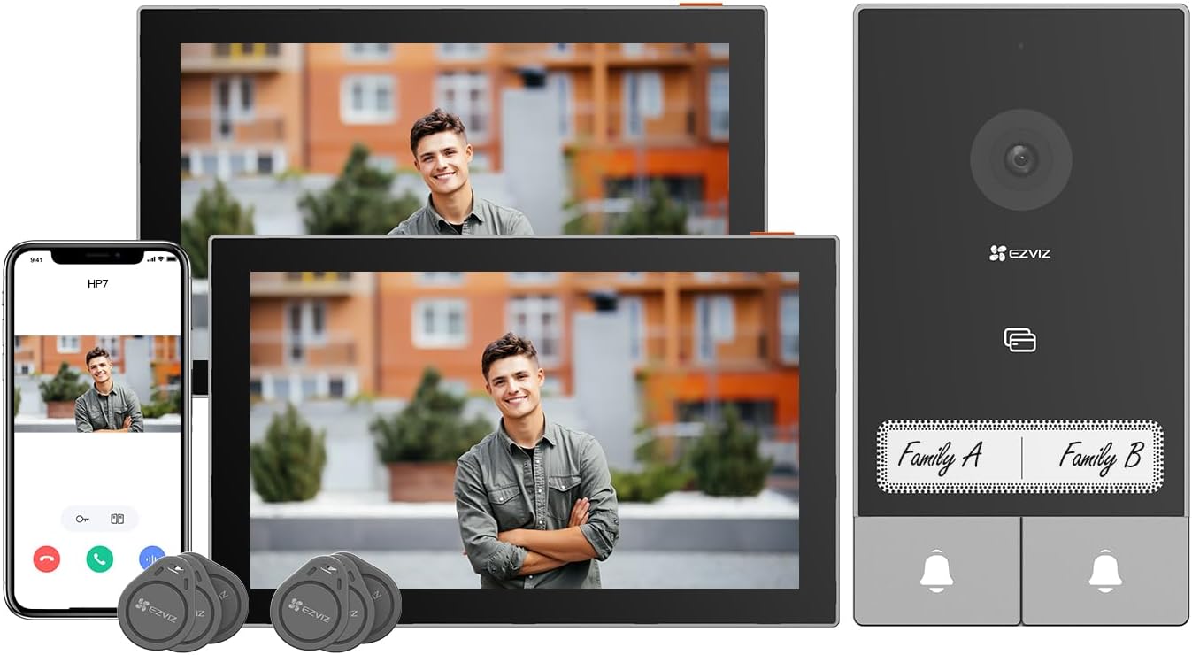 EZVIZ HP7 Video Türsprechanlage für 2 Familien - 2K Kamera mit zwei 7 Zoll Touchscreens - KI Personenerkennung und Zwei Wege Audio - Dualband WLAN Türöffner und lokale Aufzeichnung-Nestmyio