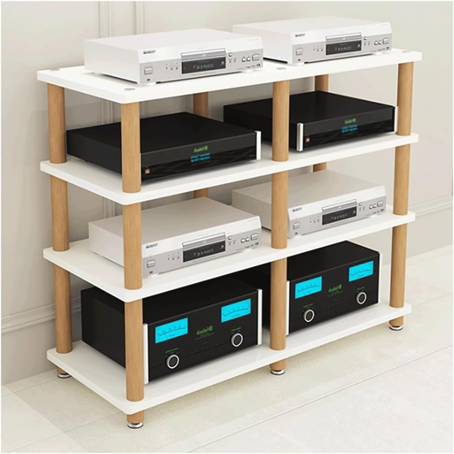 Doppelt breites Audio Rack aus Holz - AV Medienständer mit vier offenen Ebenen - Schrank für Heimstereoanlagen und Audiokomponenten - Weiß für Wohnzimmer und Heimkino-Nestmyio