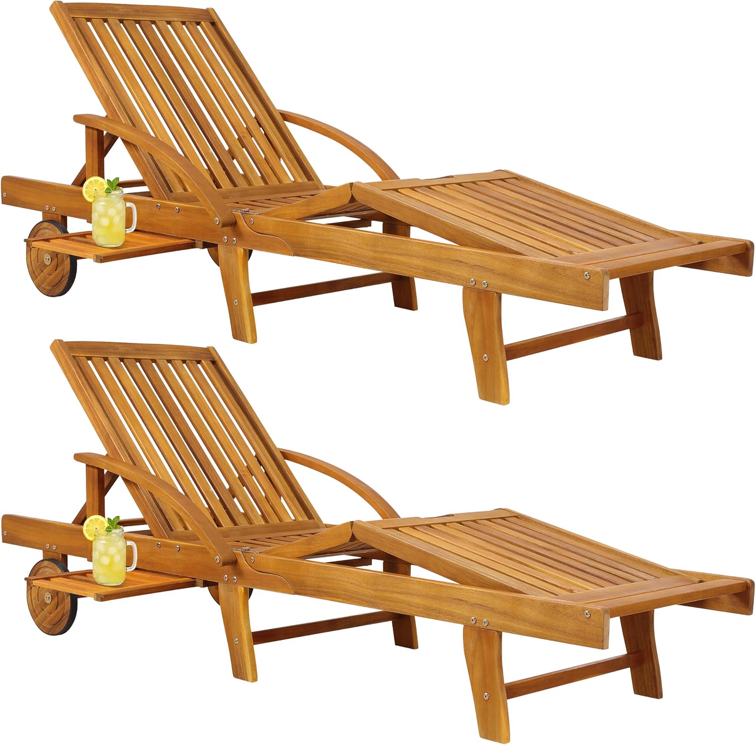 Casaria Akazienholz Sonnenliegen Set - Zwei klappbare Gartenliegen bis 320 Kilogramm belastbar - Verstellbares Fußteil und Rückenteil mit Rädern - Braun mit Ablage für Terrasse und Balkon-Nestmyio