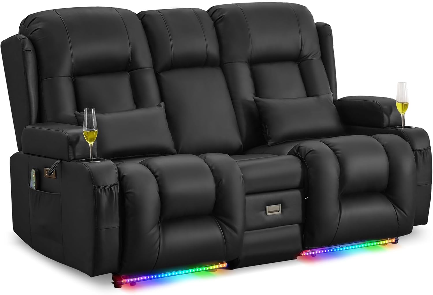 Elektrischer Relaxsessel für 2 Personen - Heimkino Sofa aus schwarzem Kunstleder - Heizung Massage und verstellbare Liegefunktion - Mit Multimedia Mittelkonsole-Nestmyio