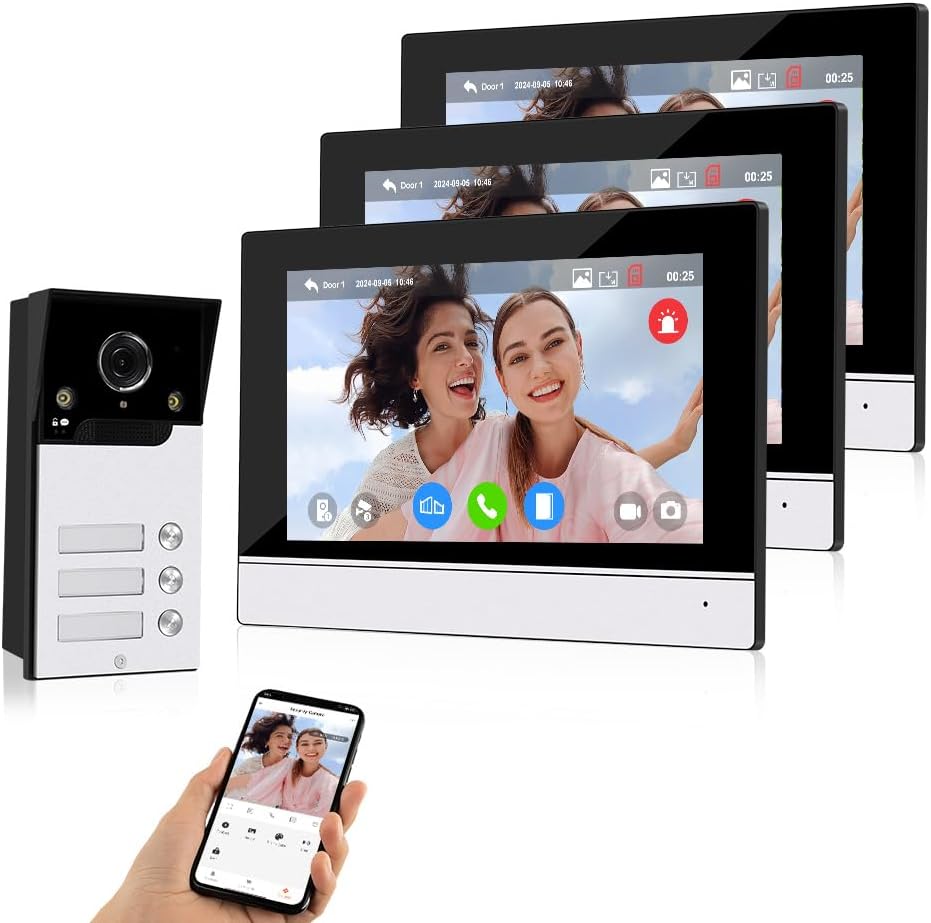 1080p WLAN Video Türsprechanlage - System für drei Wohnungen mit 7 Zoll Farbmonitoren - IR Nachtsicht Aufnahme und Zwei Wege Audio - Tuya App Steuerung-Nestmyio