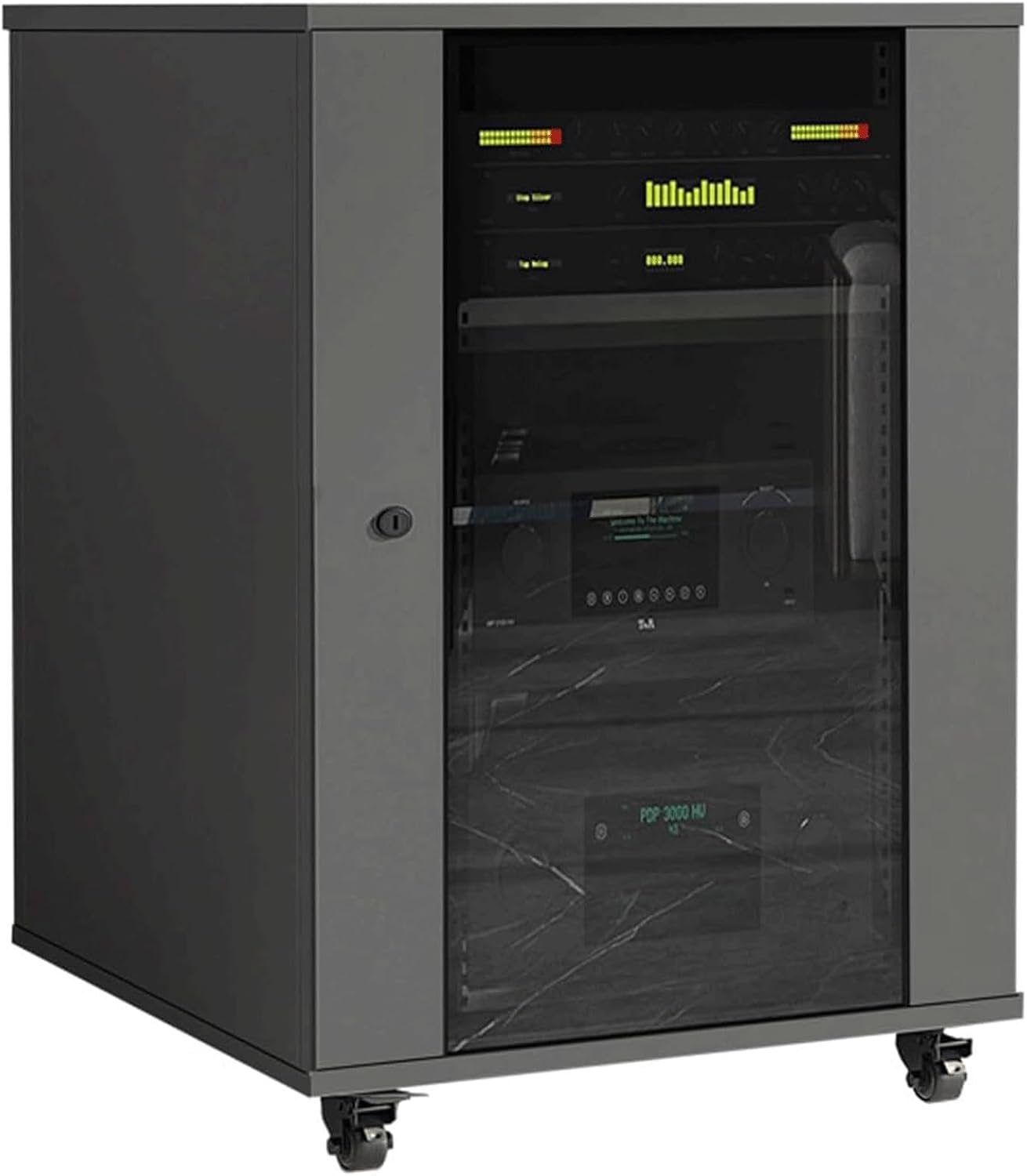 Verstellbares Audio Rack mit Glastür - AV Medienständer bei 83 x 57 x 56 cm - Mobiler Geräteschrank mit Rollen und verstellbarer Ausstattung - Grau für Heimkino und Wohnzimmer-Nestmyio