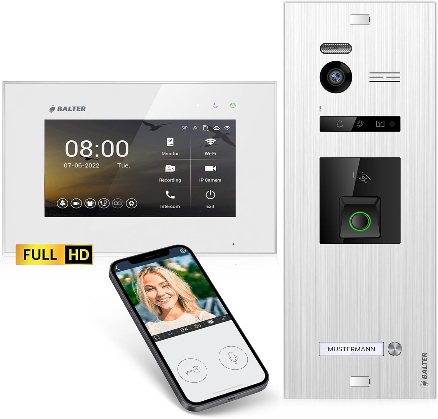 Balter EVO HD Video Türsprechanlage - Full HD Kamera mit Fingerprint RFID und 175 Grad Weitwinkel - 7 Zoll Monitor und Smartphone App - 2 Draht Bus für Einfamilienhaus-Nestmyio