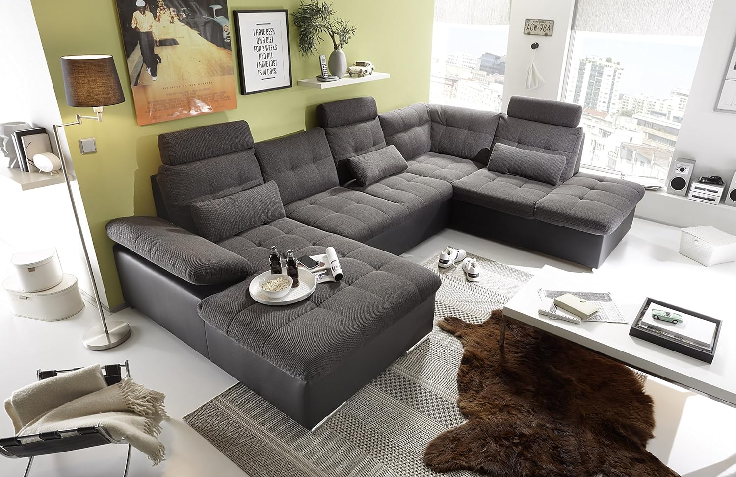 Stella Trading JAKARTA Wohnlandschaft - U Form Schlafsofa mit sechs Sitzplätzen - Ausziehbare Couch mit Bettkasten und rechter Ausrichtung - Stoffbezug Schwarz Lava bei 324 cm Breite-Nestmyio