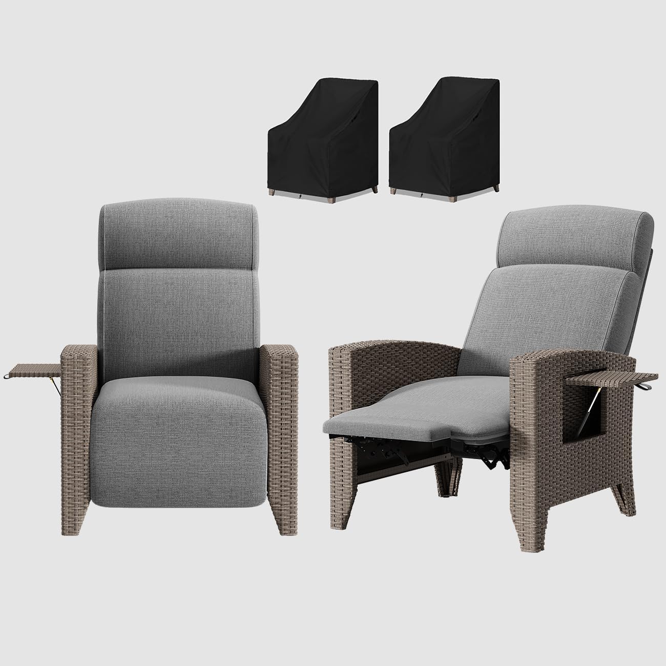Polyrattan Relaxsessel Set - Zwei verstellbare Gartensessel mit Tisch und Abdeckung - Metallgestell mit Rattan und grauen Kissen - Aprikose für Garten und Wohnzimmer-Nestmyio