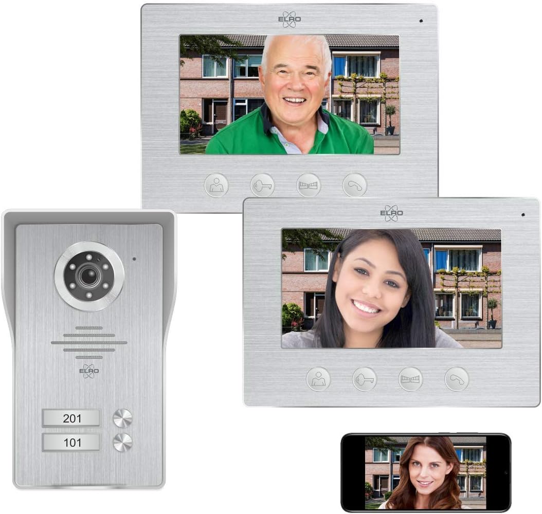 ELRO DV477IP2 Video Türsprechanlage - Set für 2 Familien mit zwei 7 Zoll Farbmonitoren - Farbige Nachtsicht und Zwei Wege Audio - WLAN App Zugriff für Live Ansicht-Nestmyio