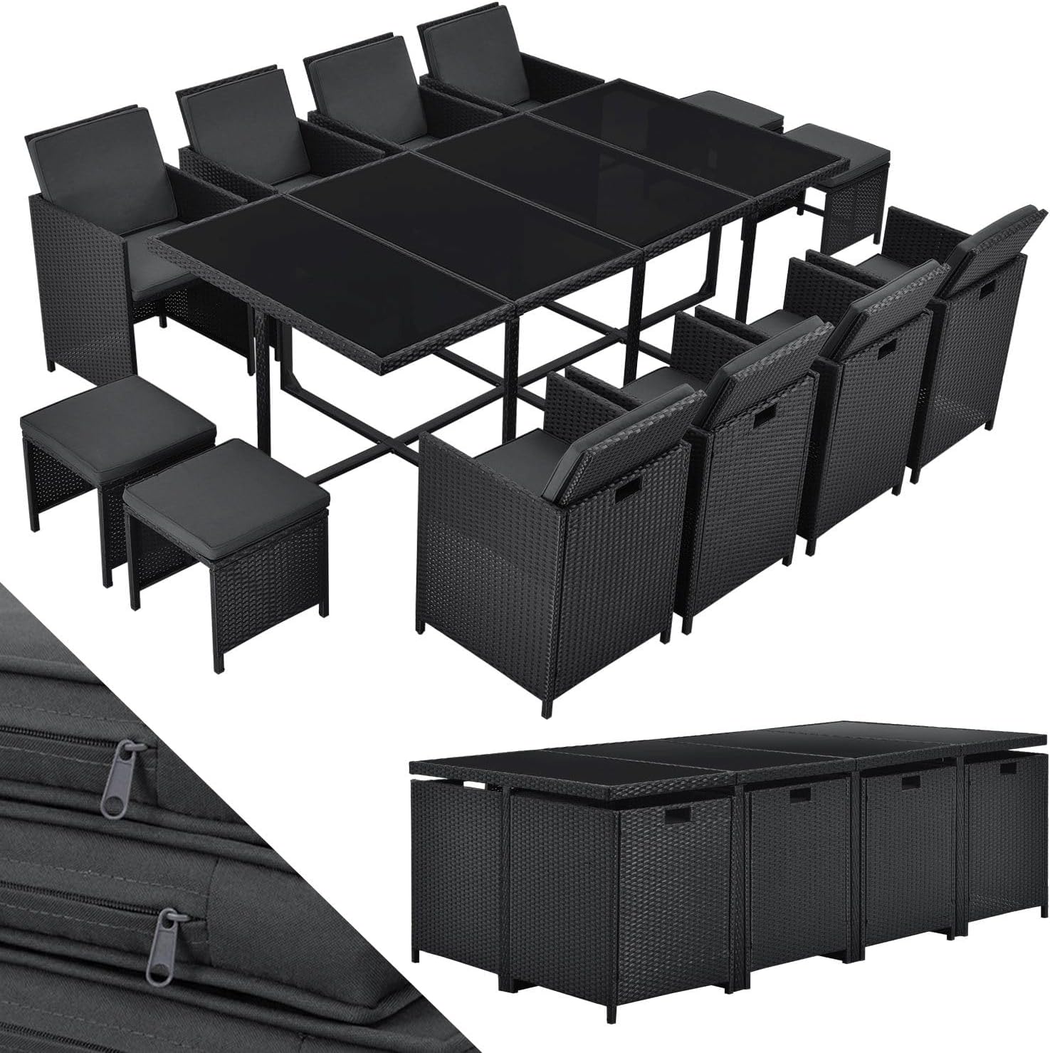 Juskys Baracoa XXL Polyrattan Gartenmöbel Set - Dreizehnteilig für zwölf Personen - Acht Stühle vier Hocker und Tisch mit Glasplatte - Schwarz wetterfest stapelbar mit Kissen-Nestmyio