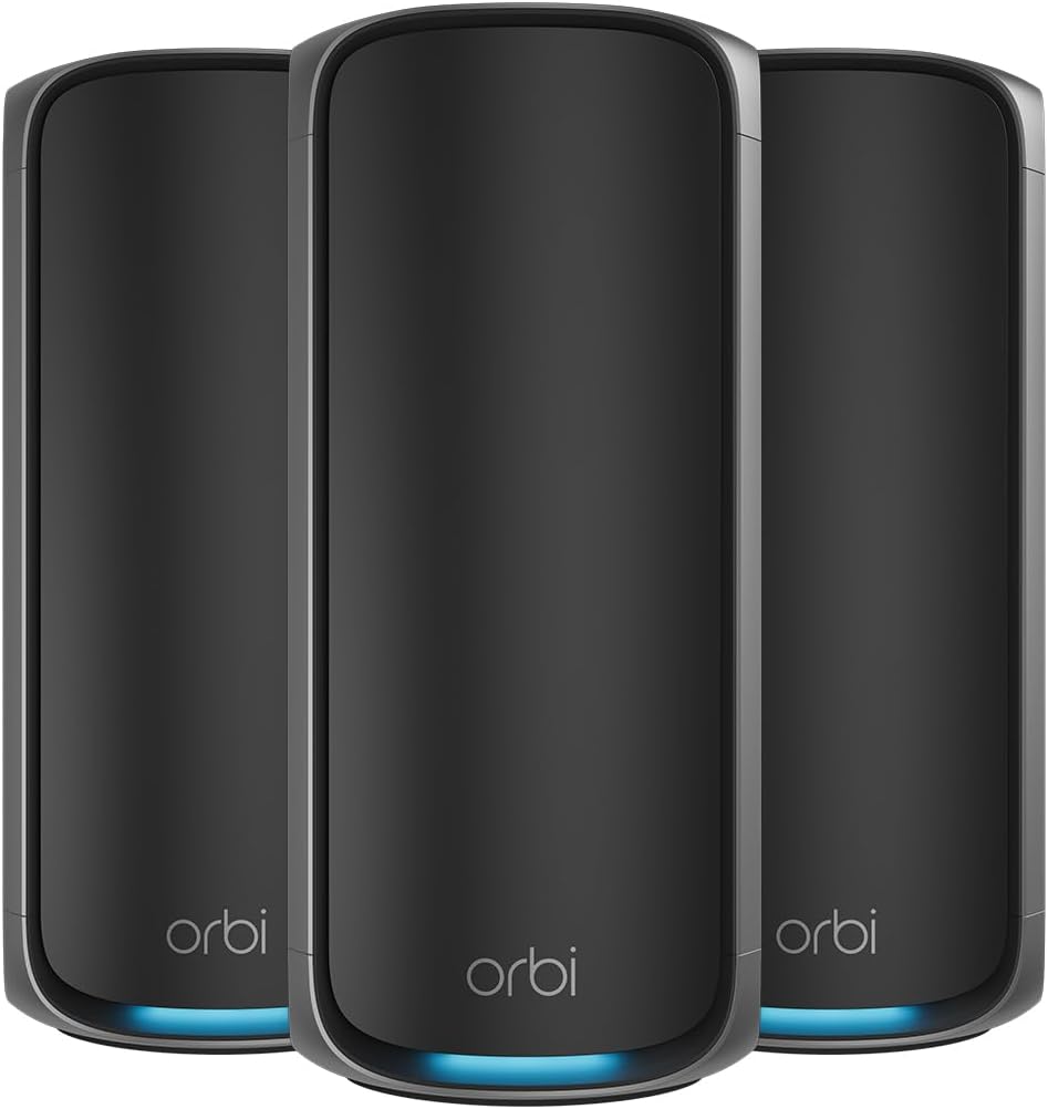 NETGEAR Orbi 970 RBE973SB Mesh System - Quad Band Wi Fi 7 mit bis zu 27 GBit je Sekunde - Router und zwei Satelliten für 660 Quadratmeter - Schwarz für bis zu 200 Geräte-Nestmyio